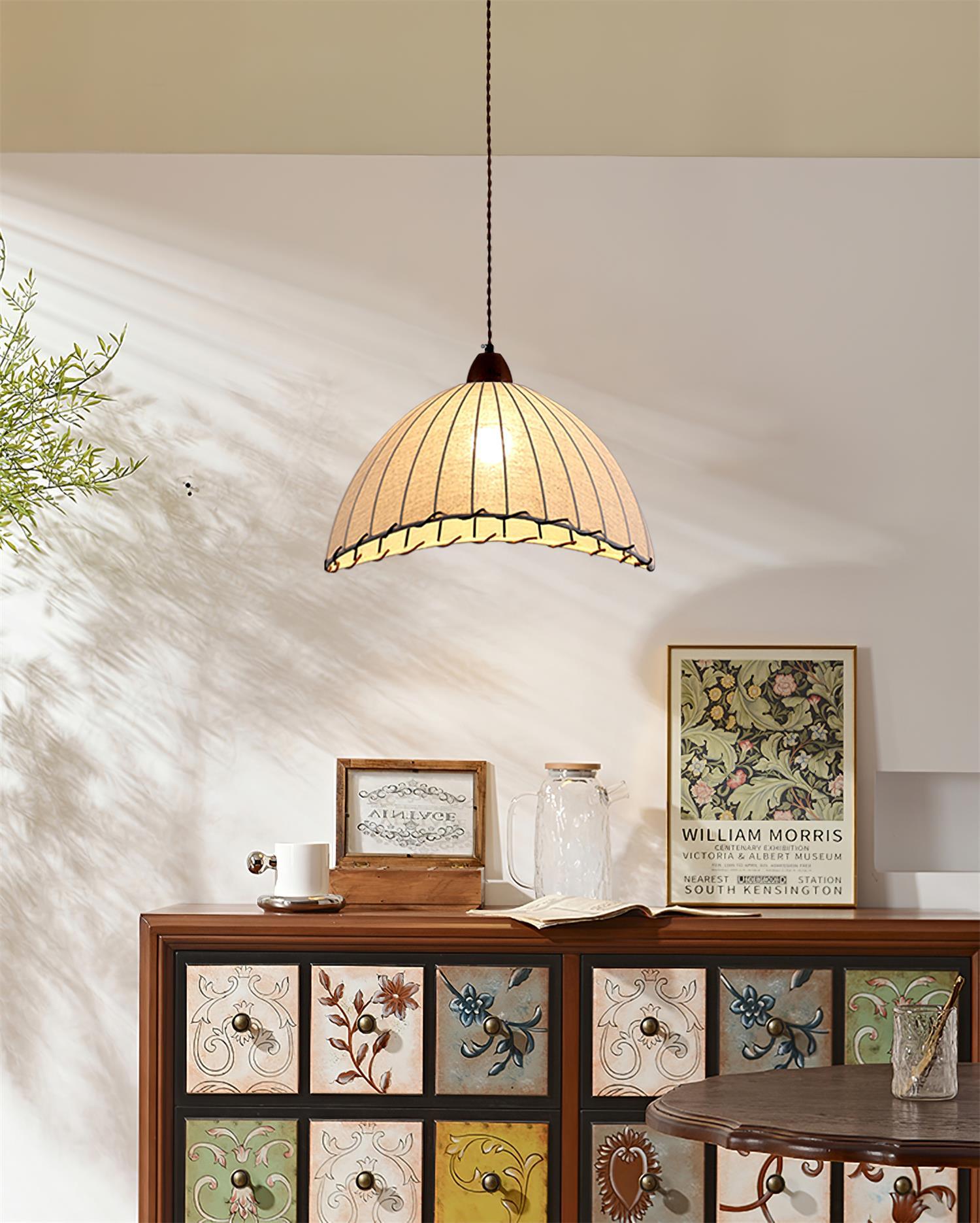 Wood and Fabric Pendant Lamp Scandinavian Natural Hanging Light | Soft Diffused Lighting | E26 E27 Compatible | Dining Living Room Ceiling Light