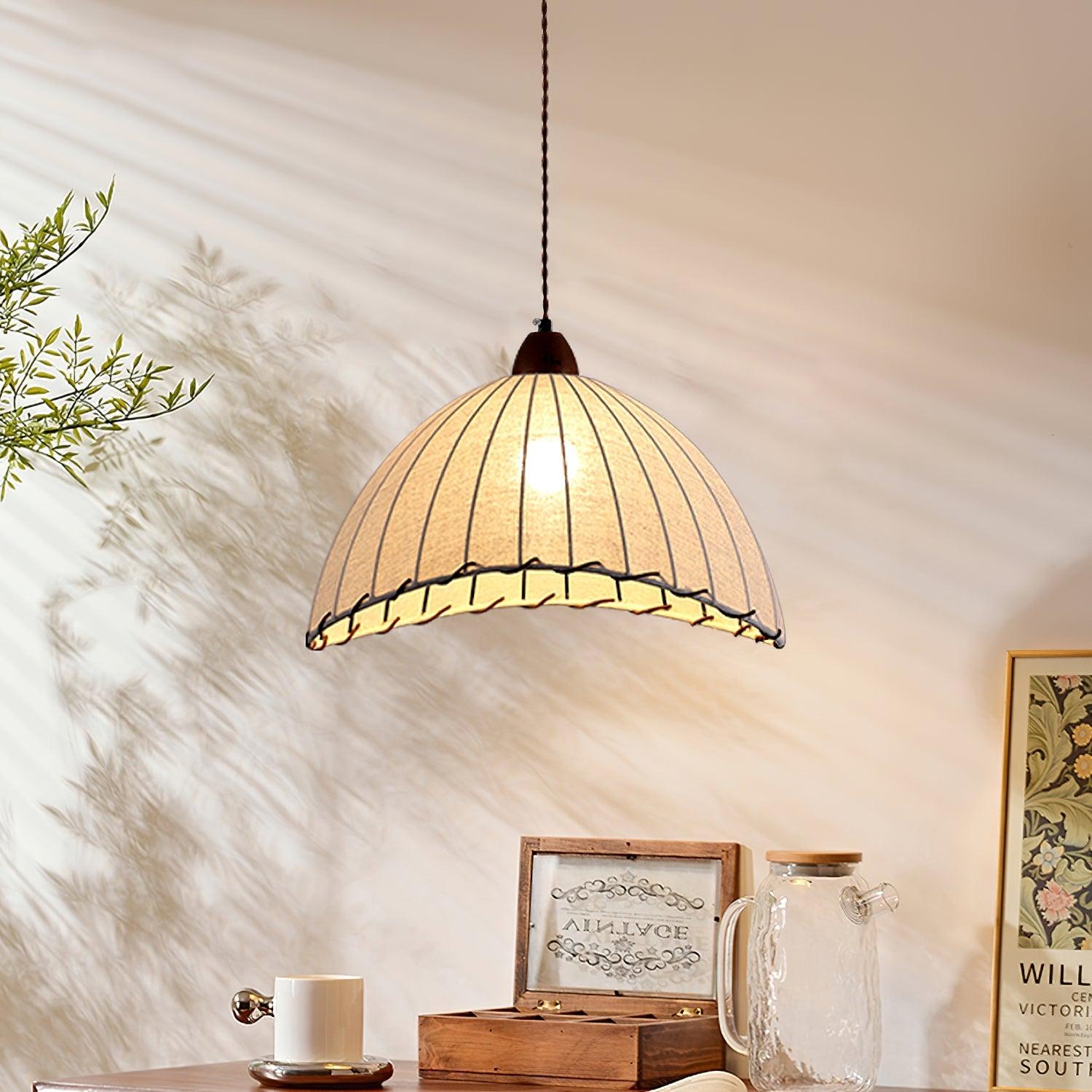 Wood and Fabric Pendant Lamp Scandinavian Natural Hanging Light | Soft Diffused Lighting | E26 E27 Compatible | Dining Living Room Ceiling Light