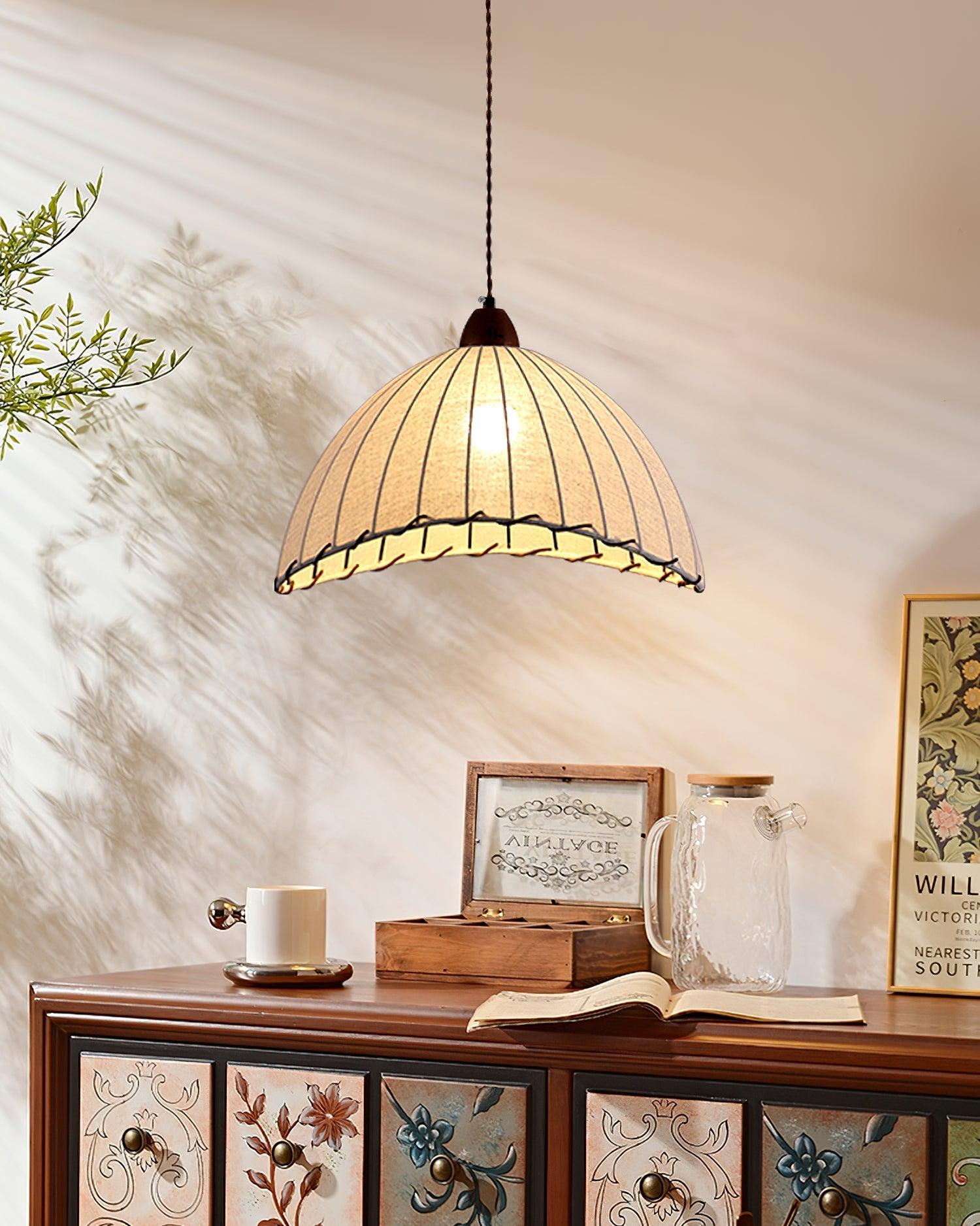 Wood and Fabric Pendant Lamp Scandinavian Natural Hanging Light | Soft Diffused Lighting | E26 E27 Compatible | Dining Living Room Ceiling Light