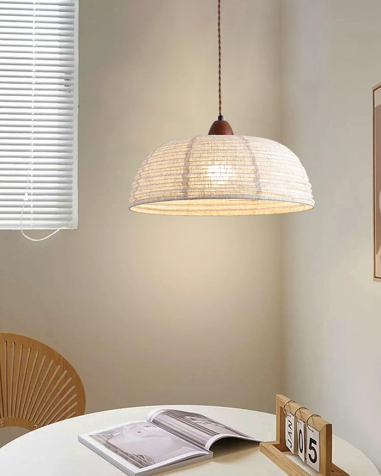 Wood and Fabric Pendant Lamp Scandinavian Natural Hanging Light | Soft Diffused Lighting | E26 E27 Compatible | Dining Living Room Ceiling Light