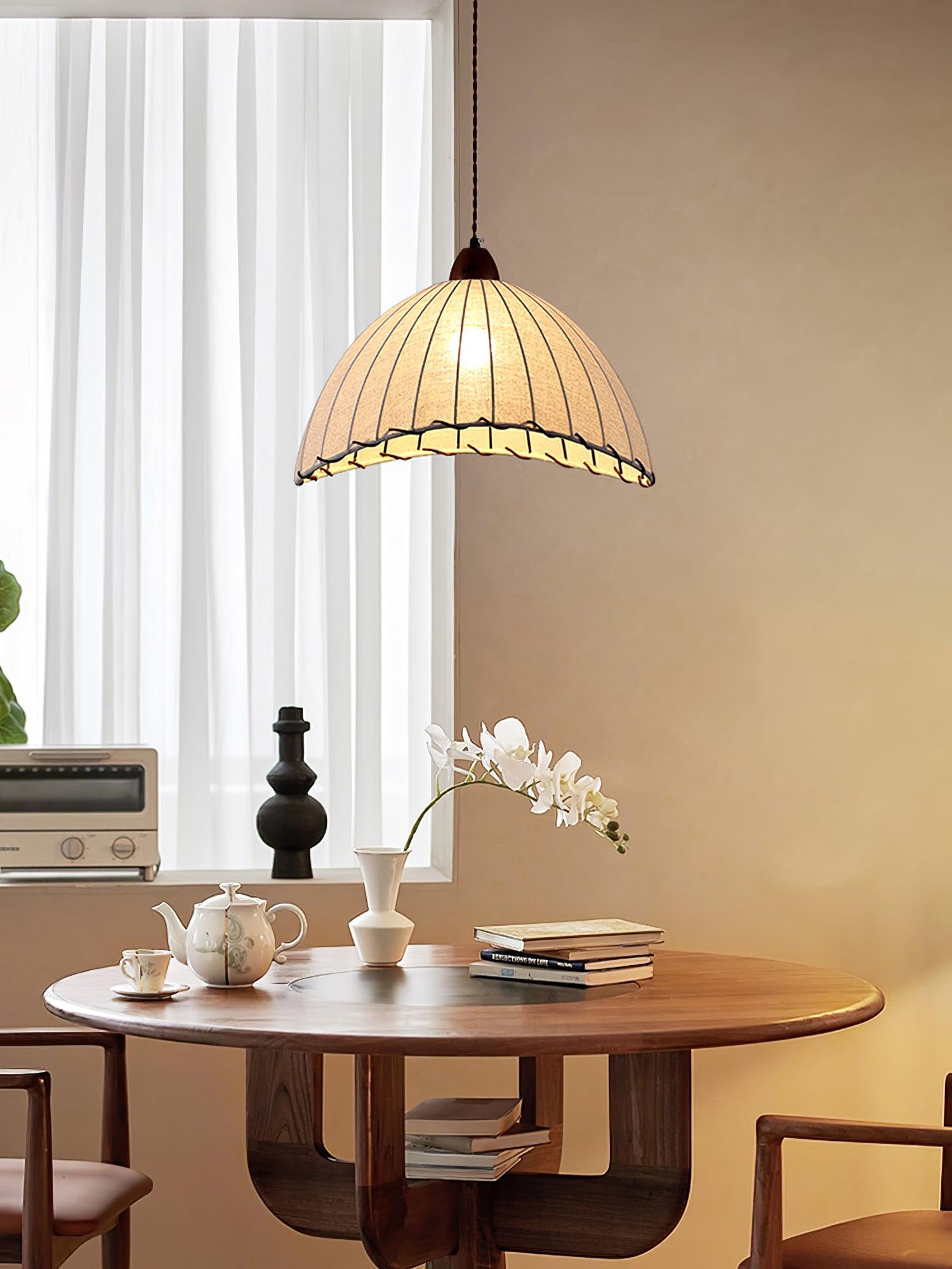 Wood and Fabric Pendant Lamp Scandinavian Natural Hanging Light | Soft Diffused Lighting | E26 E27 Compatible | Dining Living Room Ceiling Light