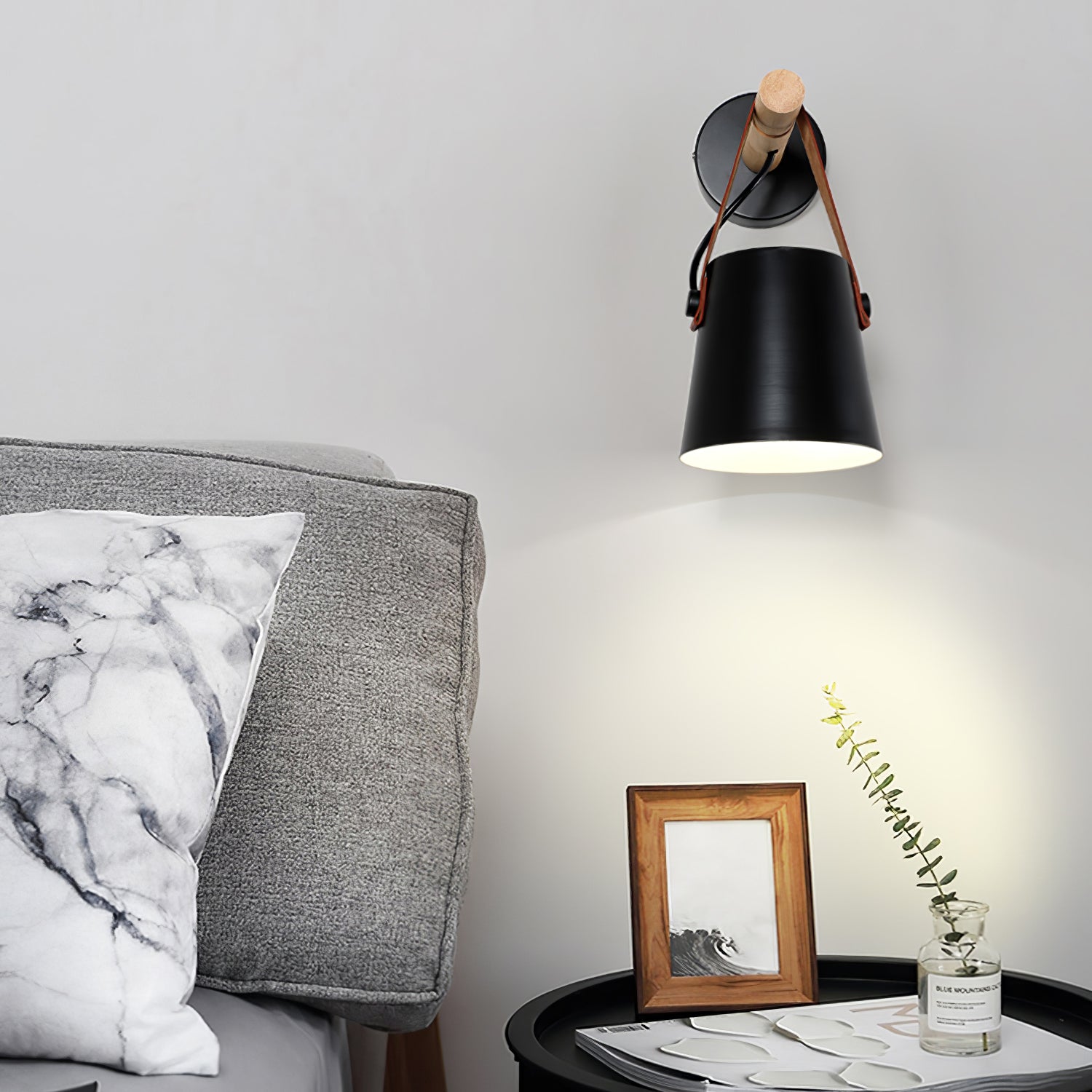 Scandinavian Wooden Wall Lamp Conical Design | Leather Strap Detail | E26/E27 LED Compatible | Modern Indoor Lighting