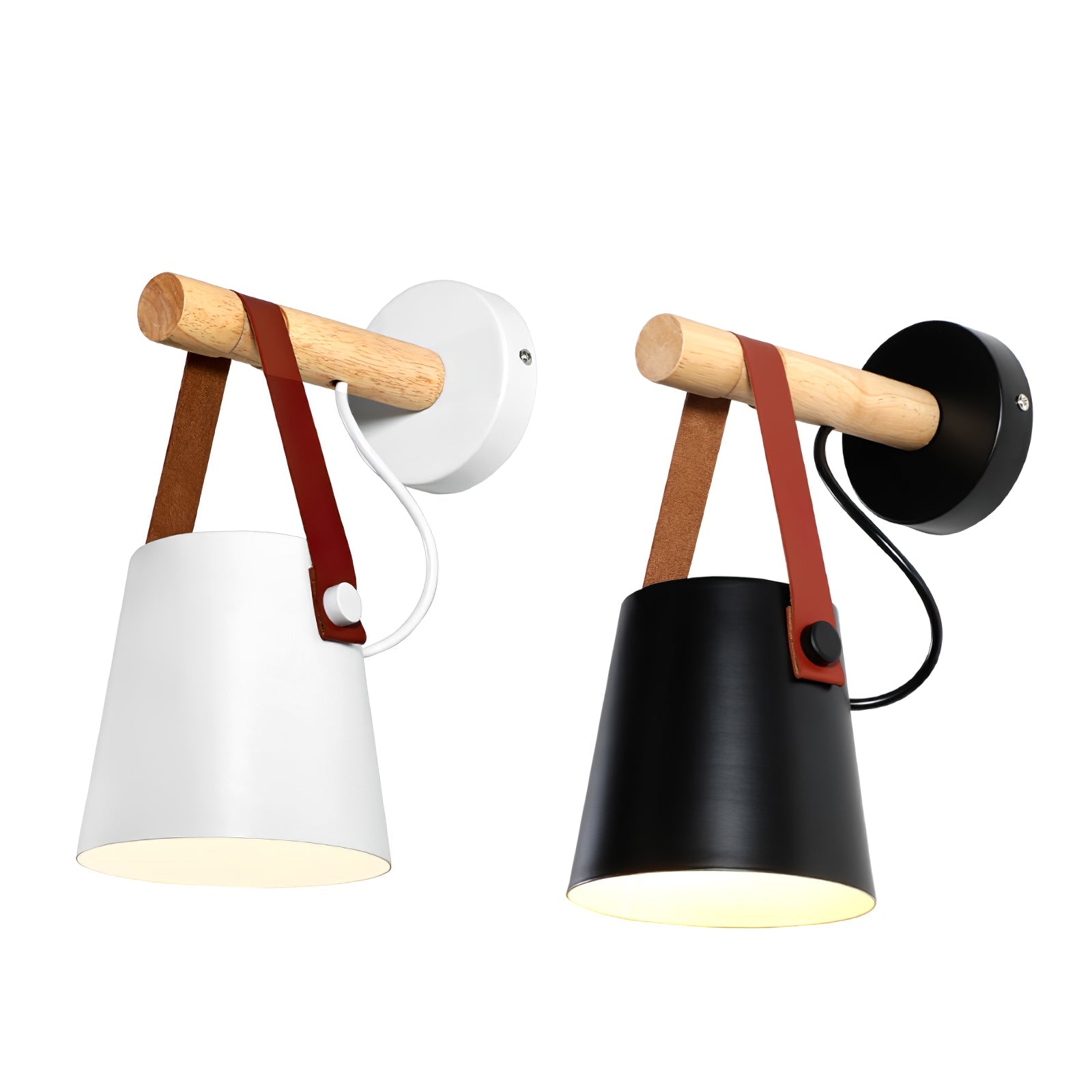 Scandinavian Wooden Wall Lamp Conical Design | Leather Strap Detail | E26/E27 LED Compatible | Modern Indoor Lighting