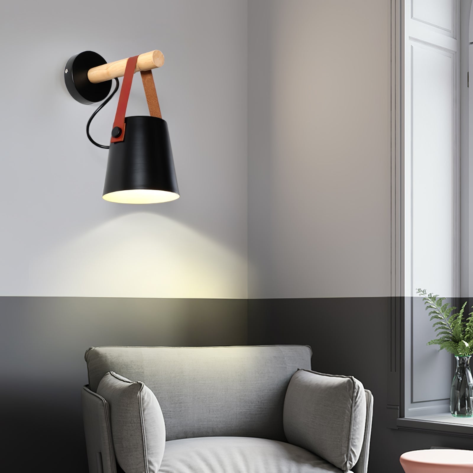 Scandinavian Wooden Wall Lamp Conical Design | Leather Strap Detail | E26/E27 LED Compatible | Modern Indoor Lighting