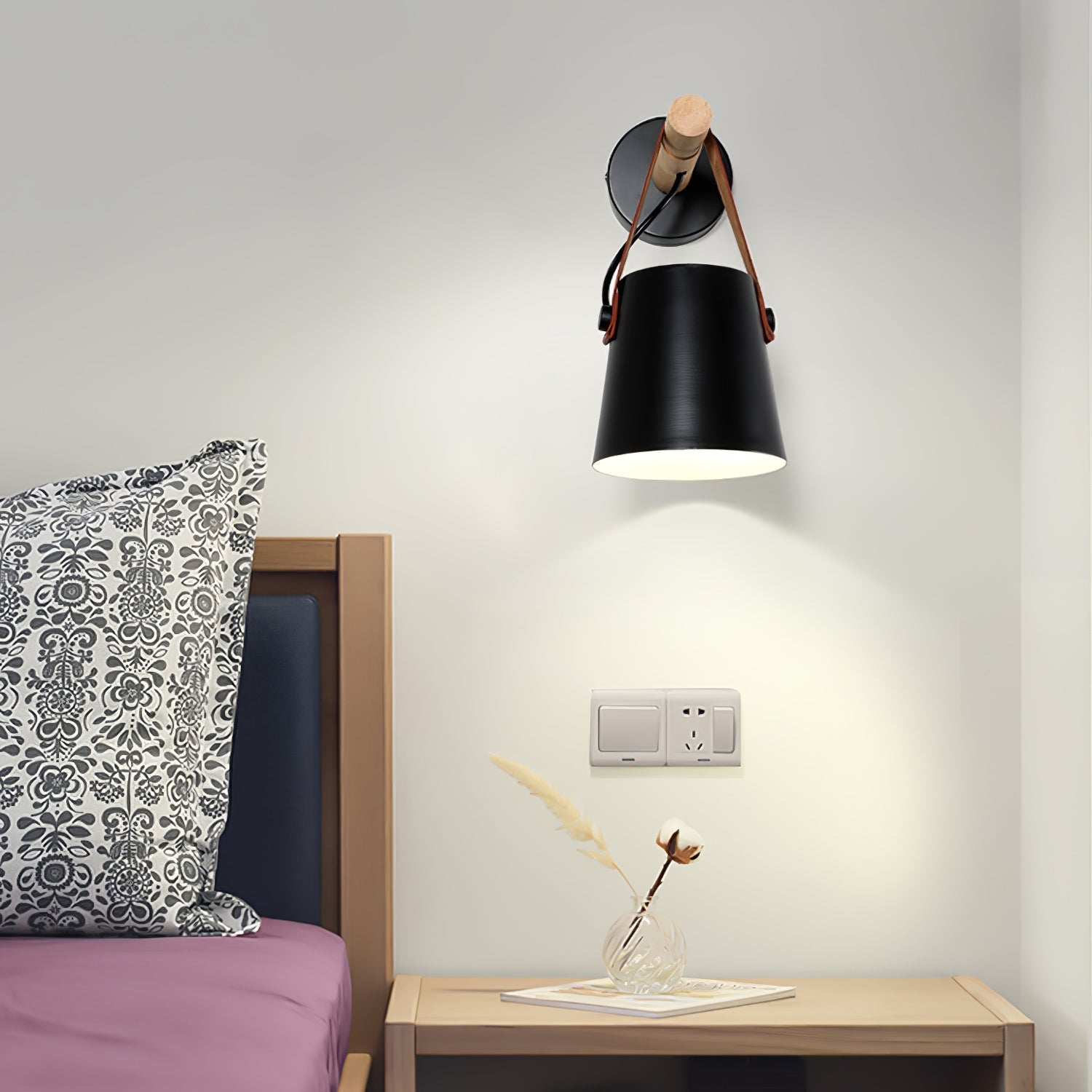 Scandinavian Wooden Wall Lamp Conical Design | Leather Strap Detail | E26/E27 LED Compatible | Modern Indoor Lighting