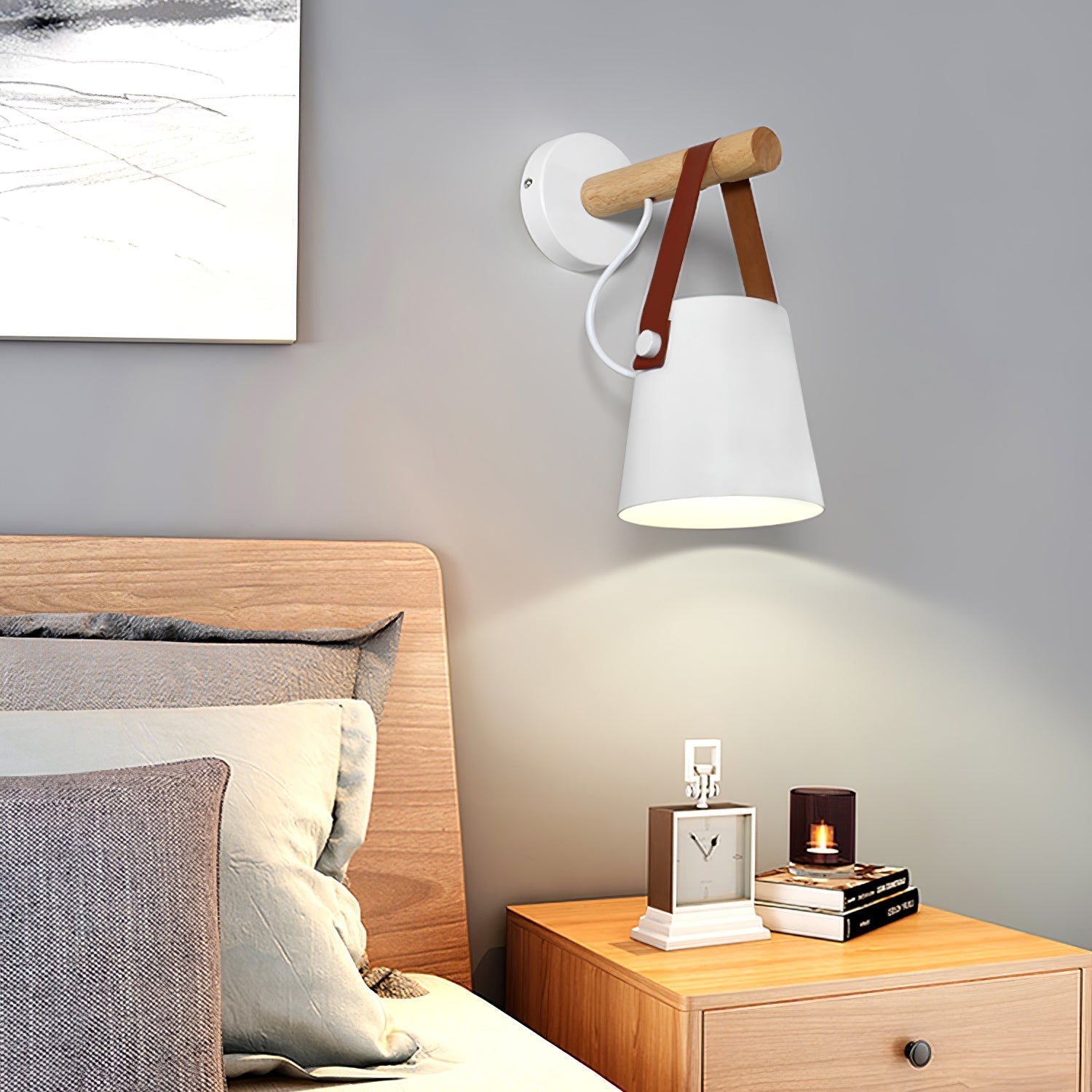 Scandinavian Wooden Wall Lamp Conical Design | Leather Strap Detail | E26/E27 LED Compatible | Modern Indoor Lighting