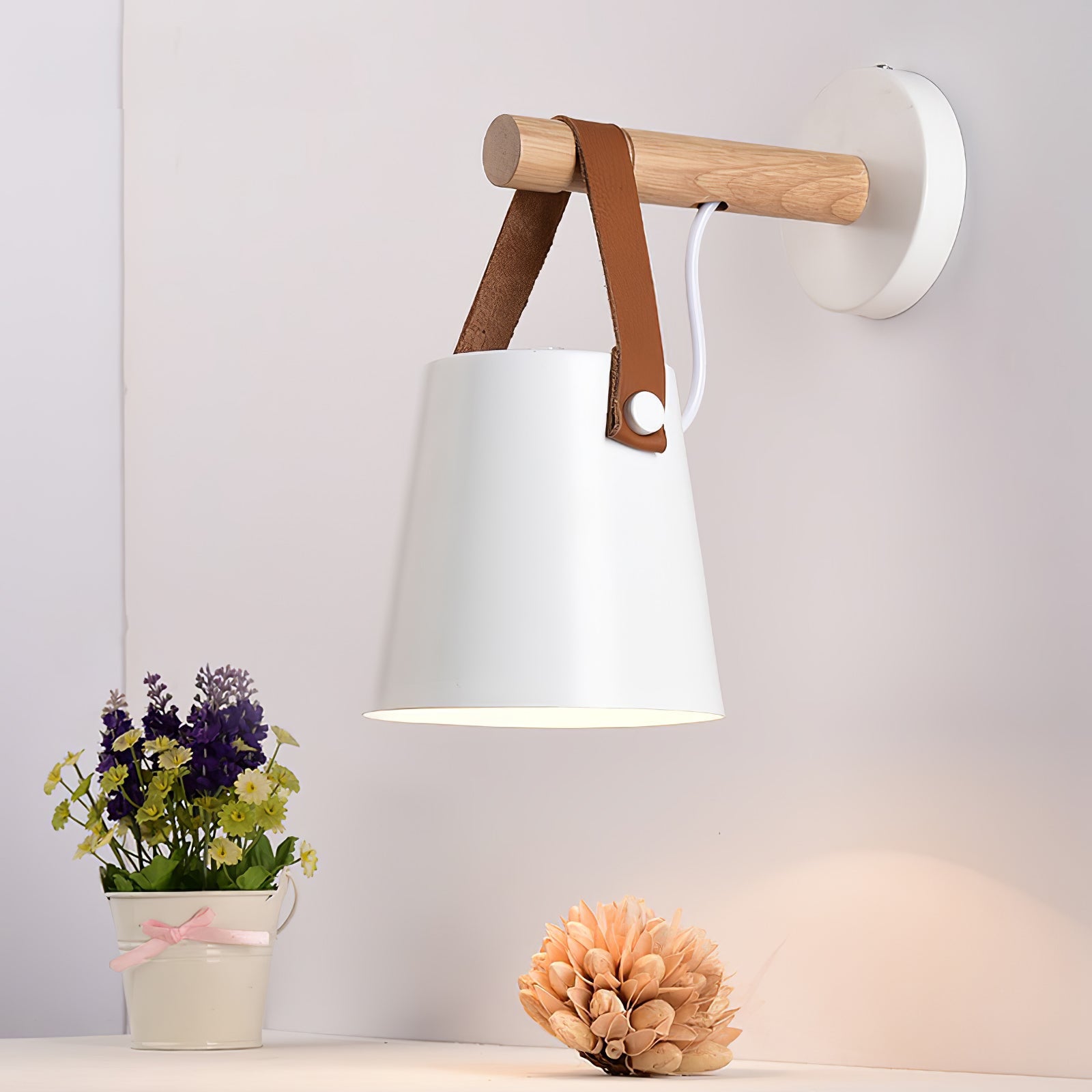 Scandinavian Wooden Wall Lamp Conical Design | Leather Strap Detail | E26/E27 LED Compatible | Modern Indoor Lighting