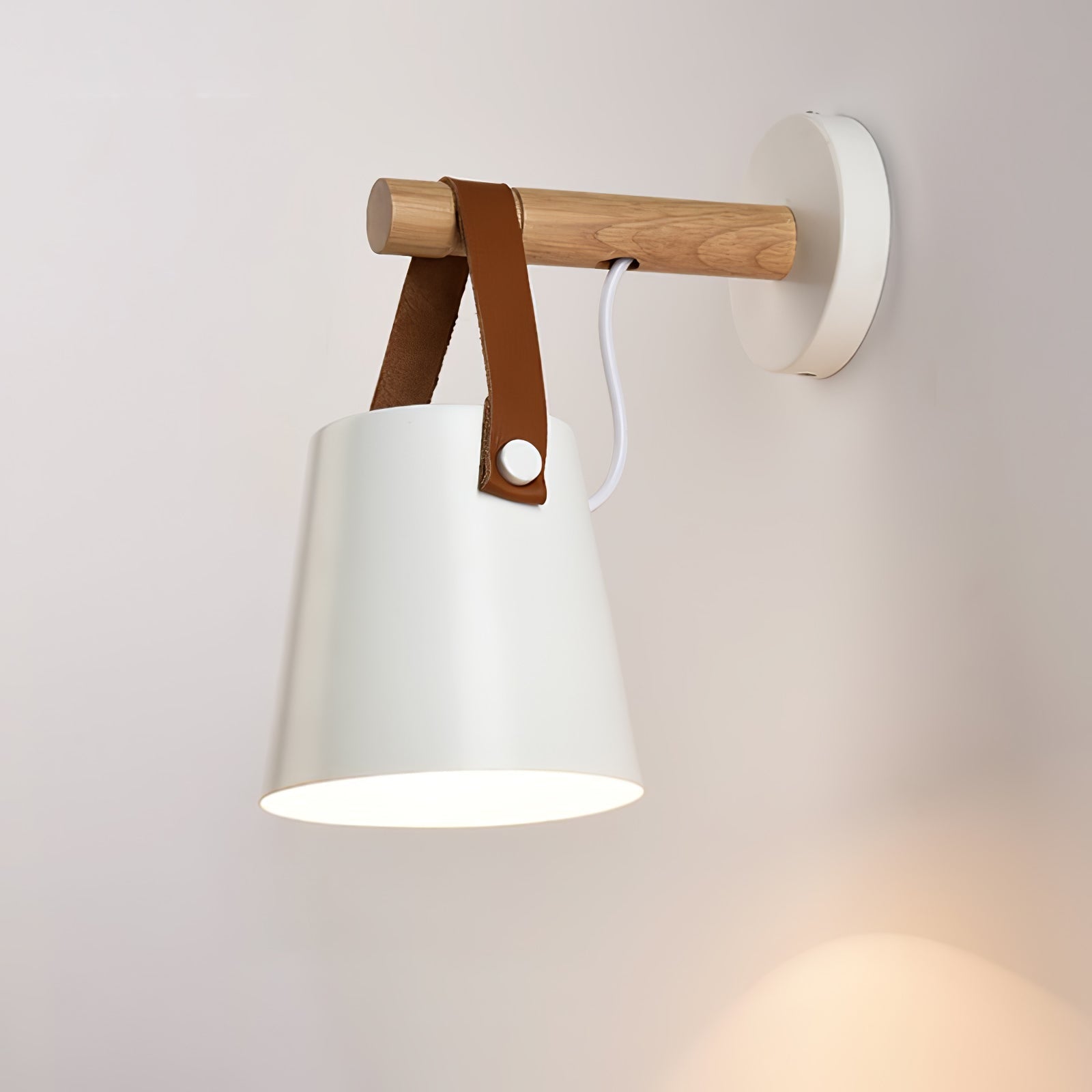 Scandinavian Wooden Wall Lamp Conical Design | Leather Strap Detail | E26/E27 LED Compatible | Modern Indoor Lighting