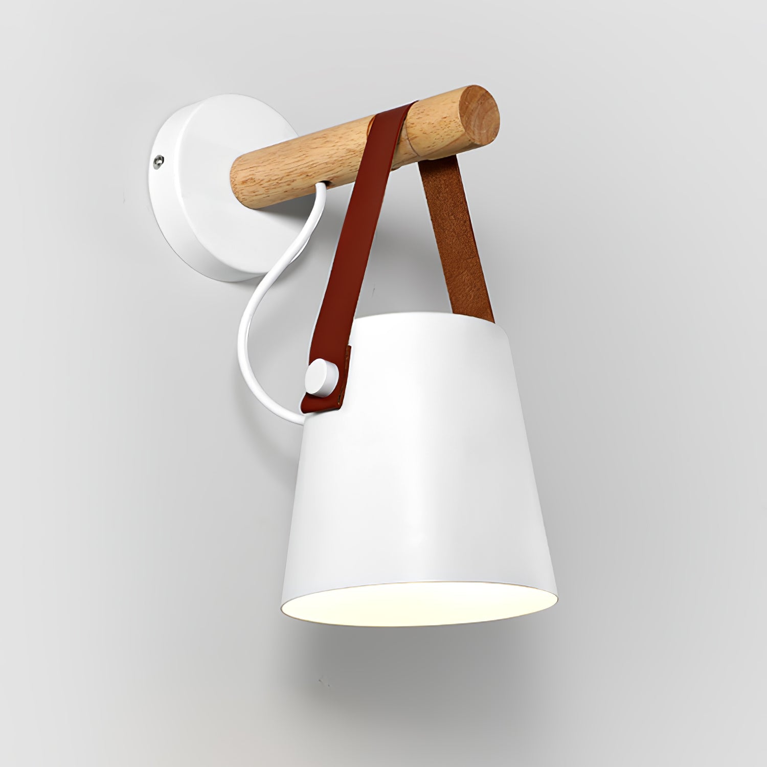 Scandinavian Wooden Wall Lamp Conical Design | Leather Strap Detail | E26/E27 LED Compatible | Modern Indoor Lighting