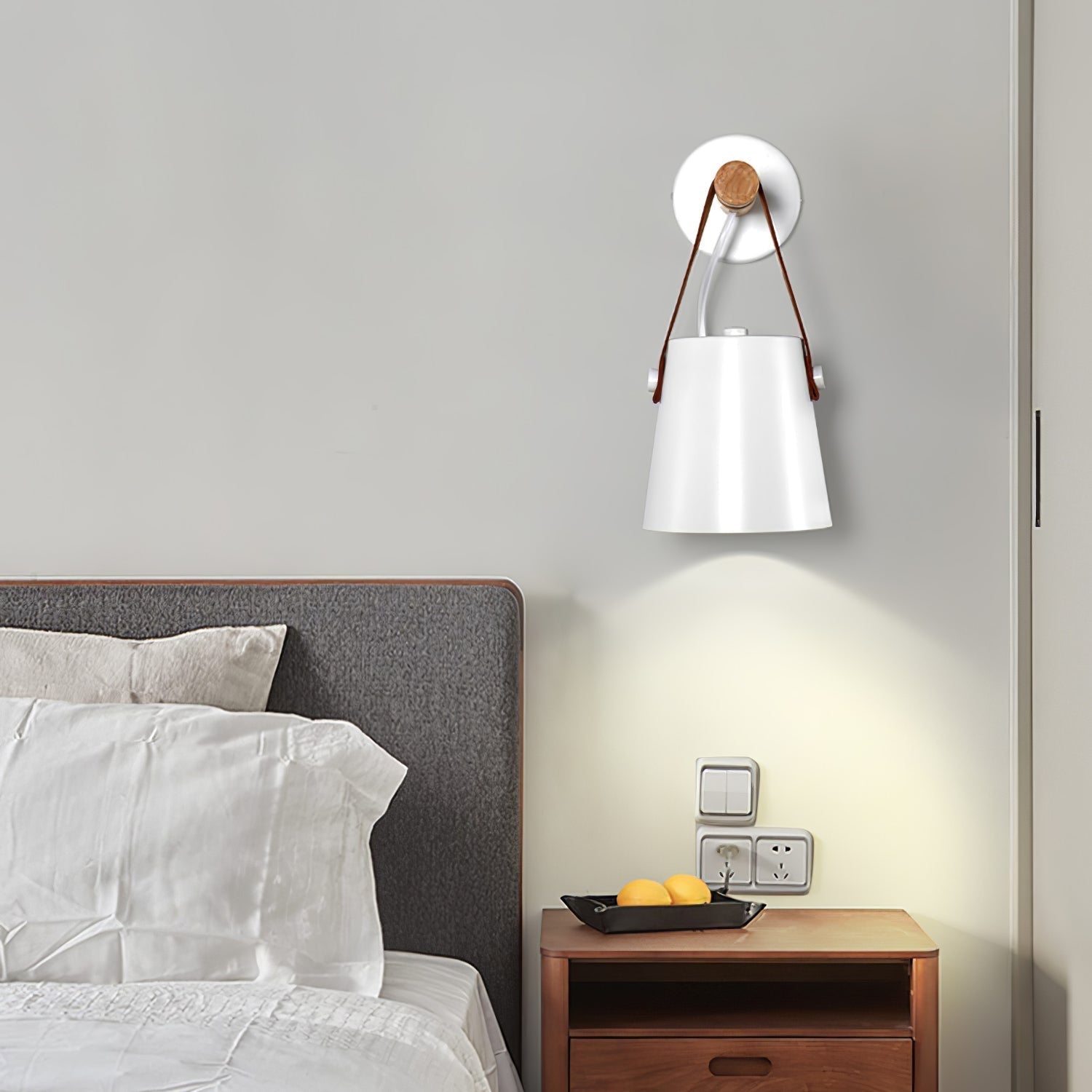 Scandinavian Wooden Wall Lamp Conical Design | Leather Strap Detail | E26/E27 LED Compatible | Modern Indoor Lighting
