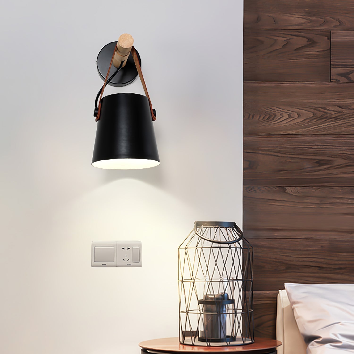 Scandinavian Wooden Wall Lamp Conical Design | Leather Strap Detail | E26/E27 LED Compatible | Modern Indoor Lighting