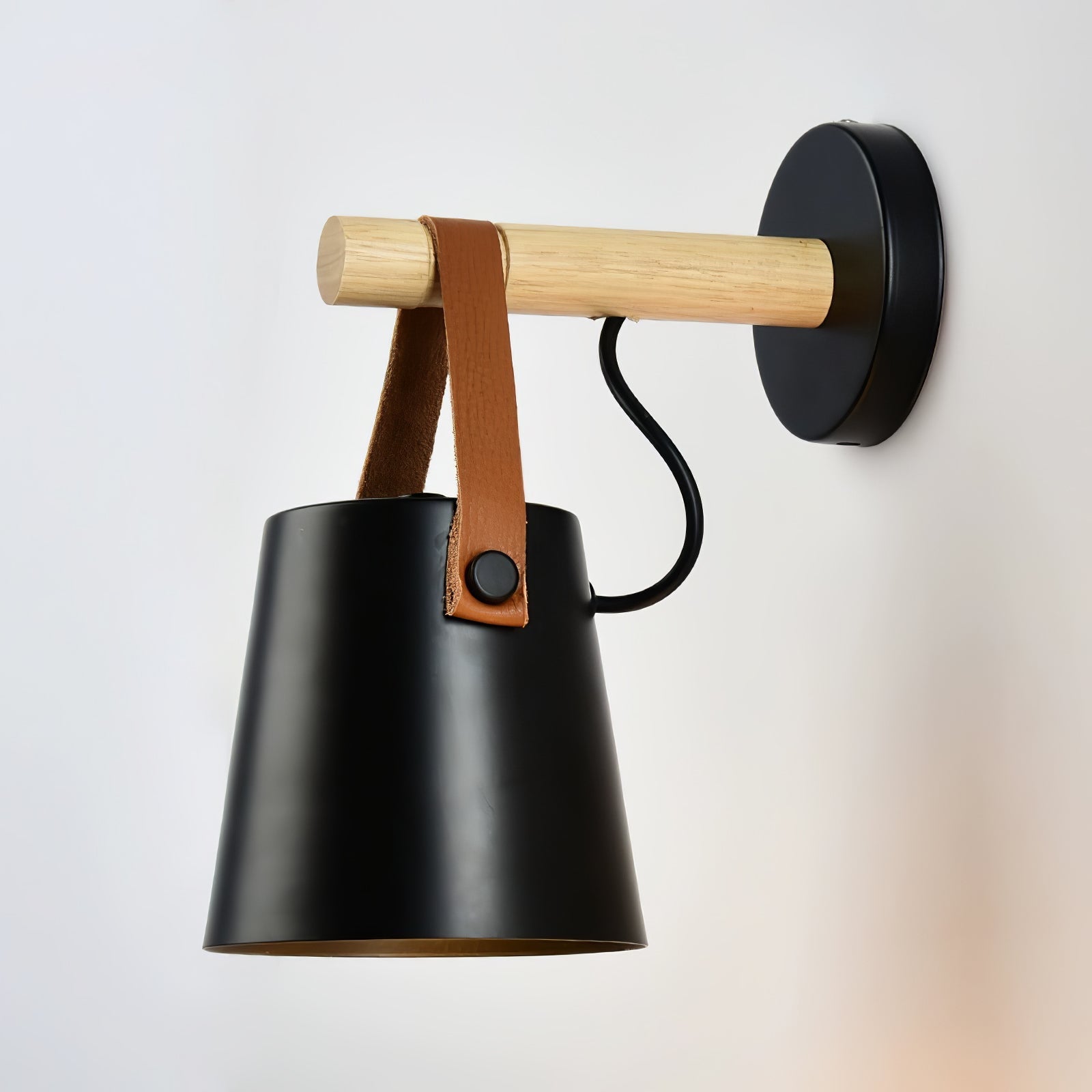 Scandinavian Wooden Wall Lamp Conical Design | Leather Strap Detail | E26/E27 LED Compatible | Modern Indoor Lighting