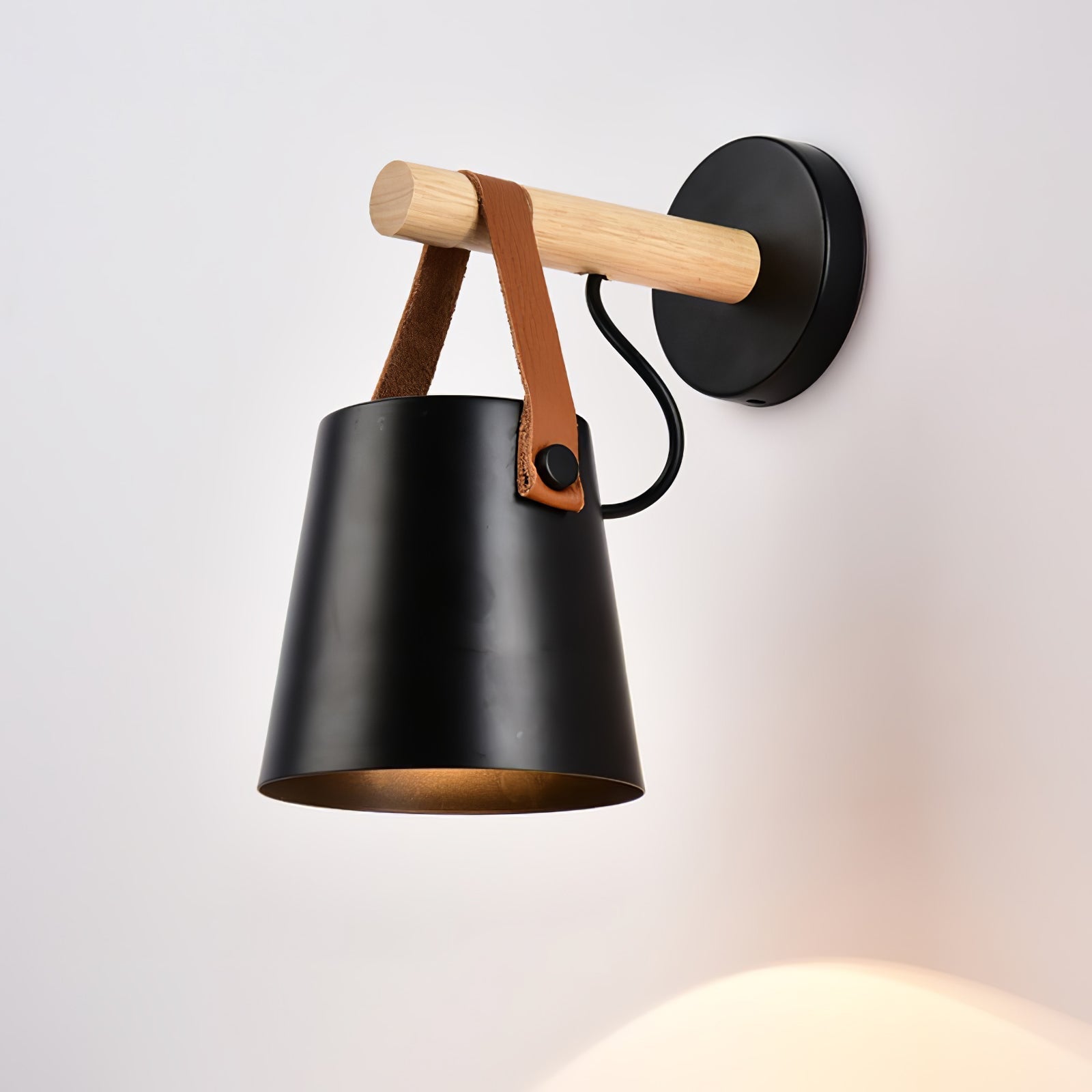 Scandinavian Wooden Wall Lamp Conical Design | Leather Strap Detail | E26/E27 LED Compatible | Modern Indoor Lighting