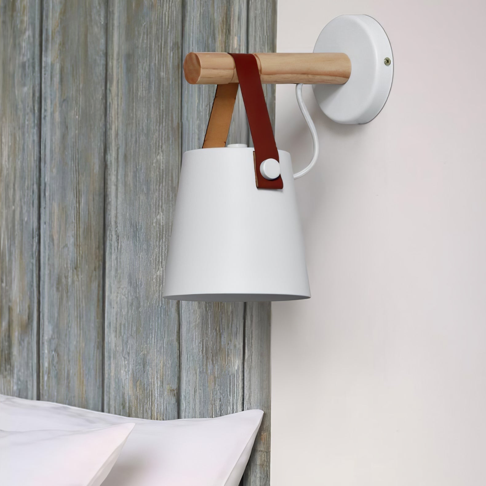 Scandinavian Wooden Wall Lamp Conical Design | Leather Strap Detail | E26/E27 LED Compatible | Modern Indoor Lighting