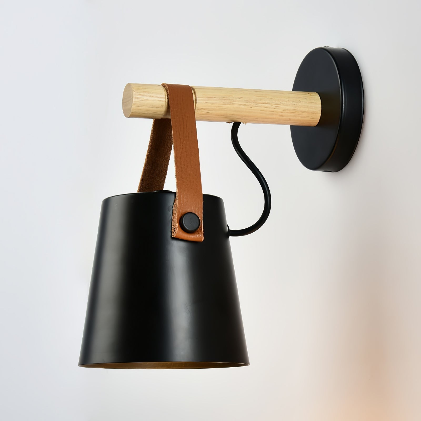 Scandinavian Wooden Wall Lamp Conical Design | Leather Strap Detail | E26/E27 LED Compatible | Modern Indoor Lighting