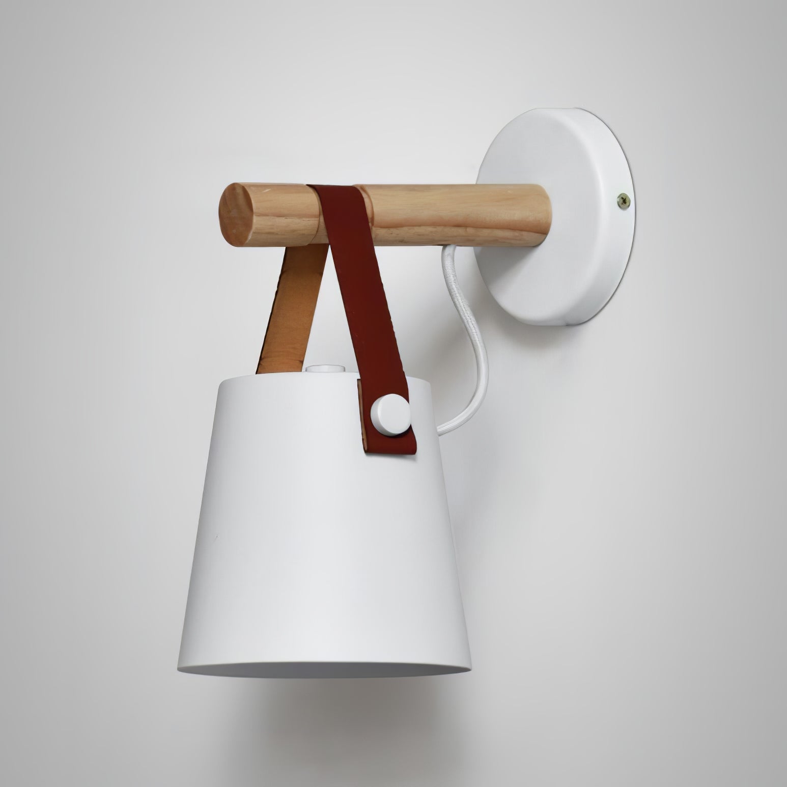 Scandinavian Wooden Wall Lamp Conical Design | Leather Strap Detail | E26/E27 LED Compatible | Modern Indoor Lighting