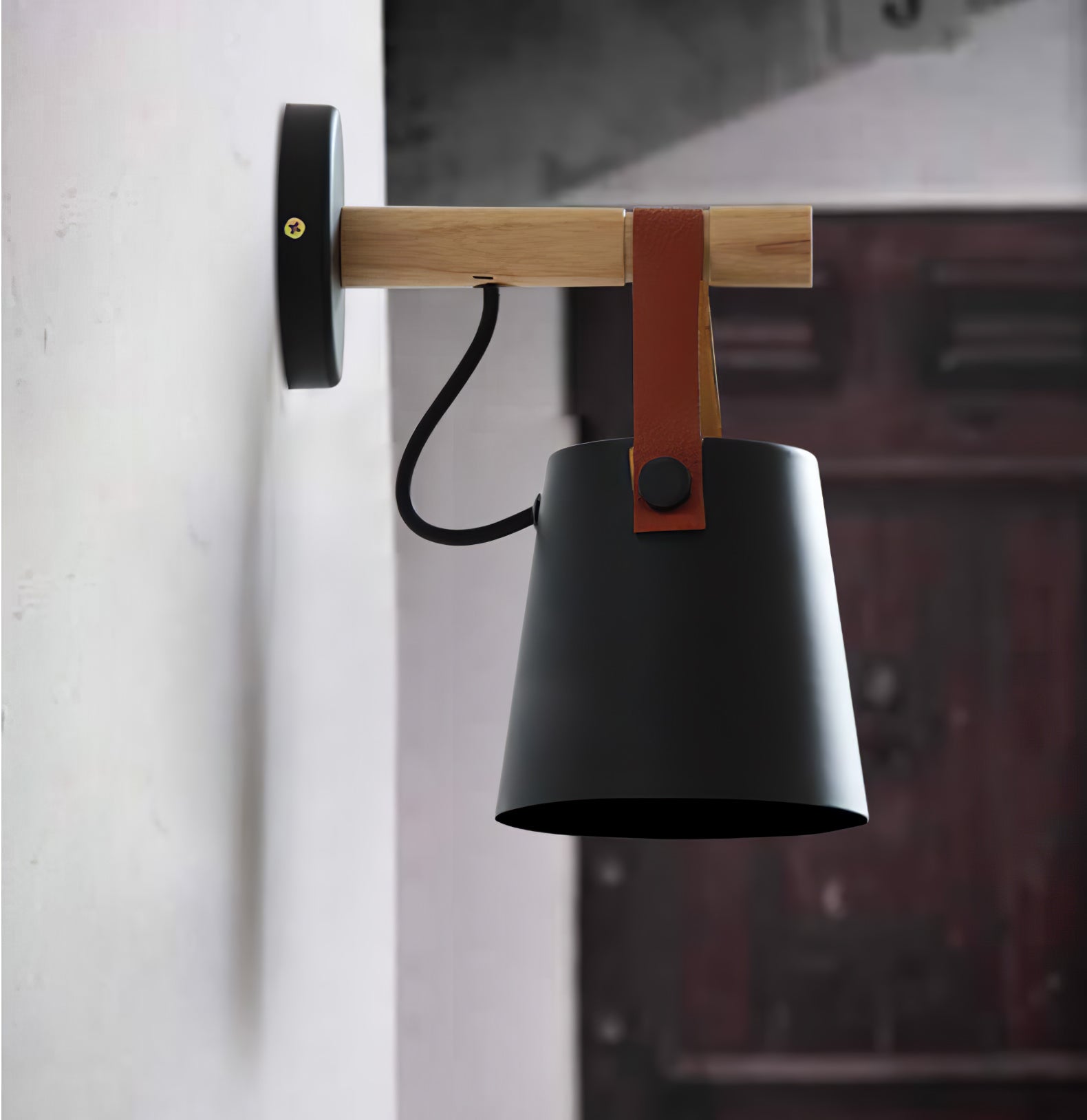 Scandinavian Wooden Wall Lamp Conical Design | Leather Strap Detail | E26/E27 LED Compatible | Modern Indoor Lighting