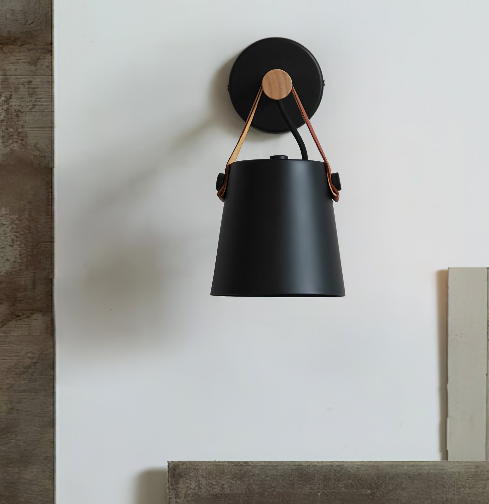 Scandinavian Wooden Wall Lamp Conical Design | Leather Strap Detail | E26/E27 LED Compatible | Modern Indoor Lighting