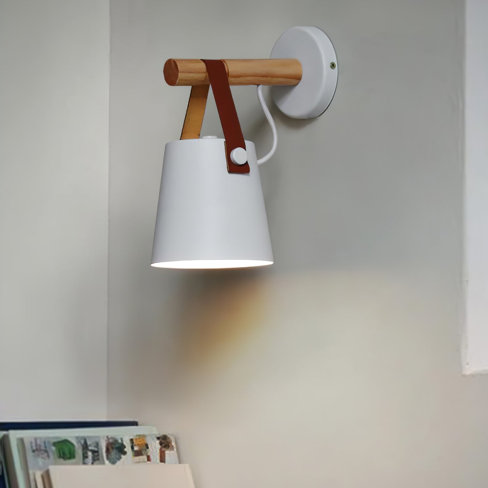 Scandinavian Wooden Wall Lamp Conical Design | Leather Strap Detail | E26/E27 LED Compatible | Modern Indoor Lighting