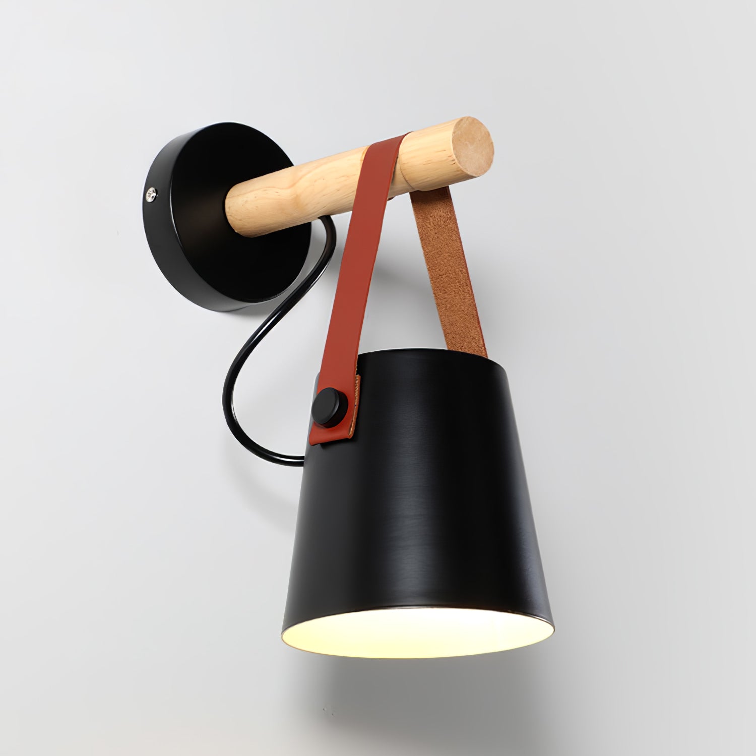 Scandinavian Wooden Wall Lamp Conical Design | Leather Strap Detail | E26/E27 LED Compatible | Modern Indoor Lighting