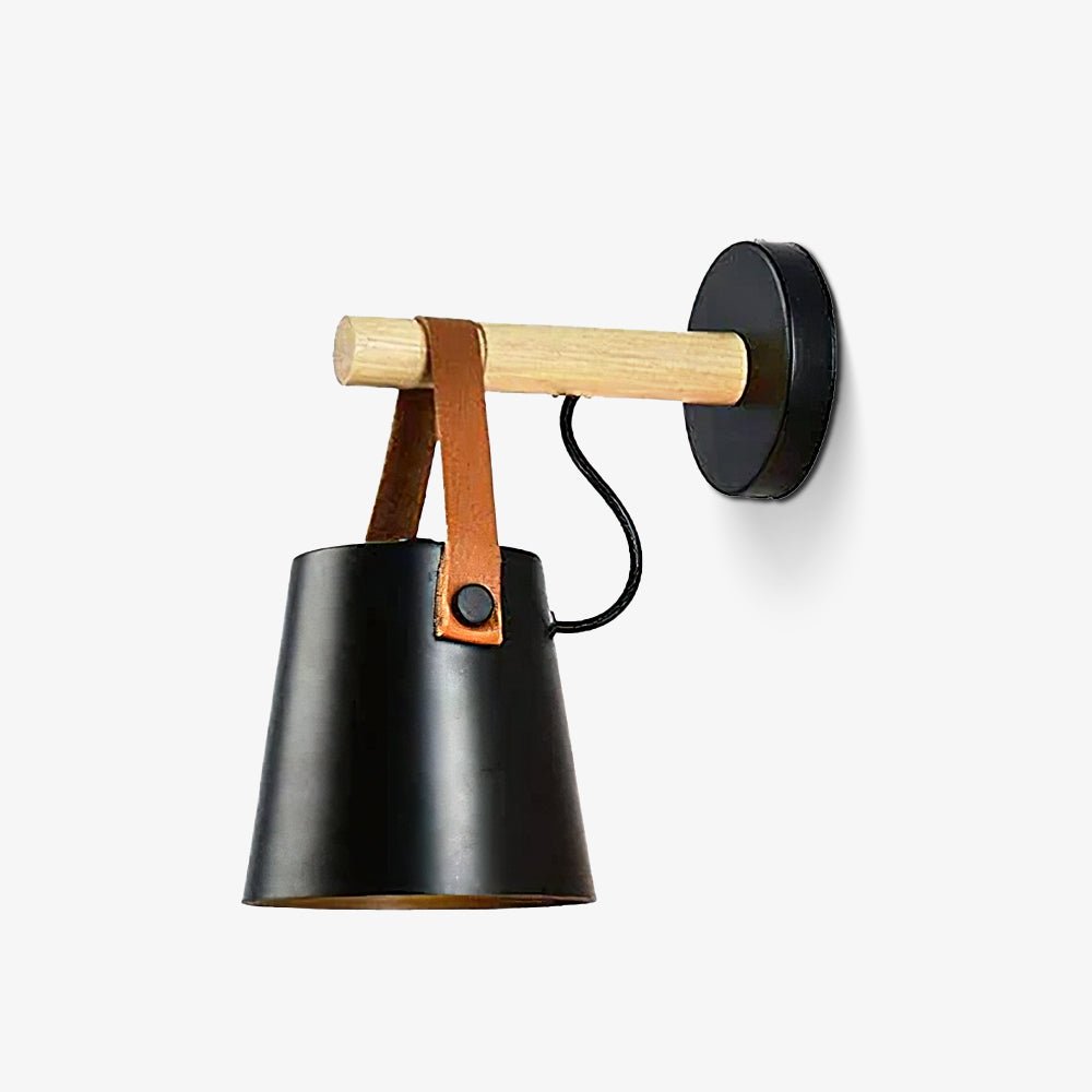 Scandinavian Wooden Wall Lamp Conical Design | Leather Strap Detail | E26/E27 LED Compatible | Modern Indoor Lighting