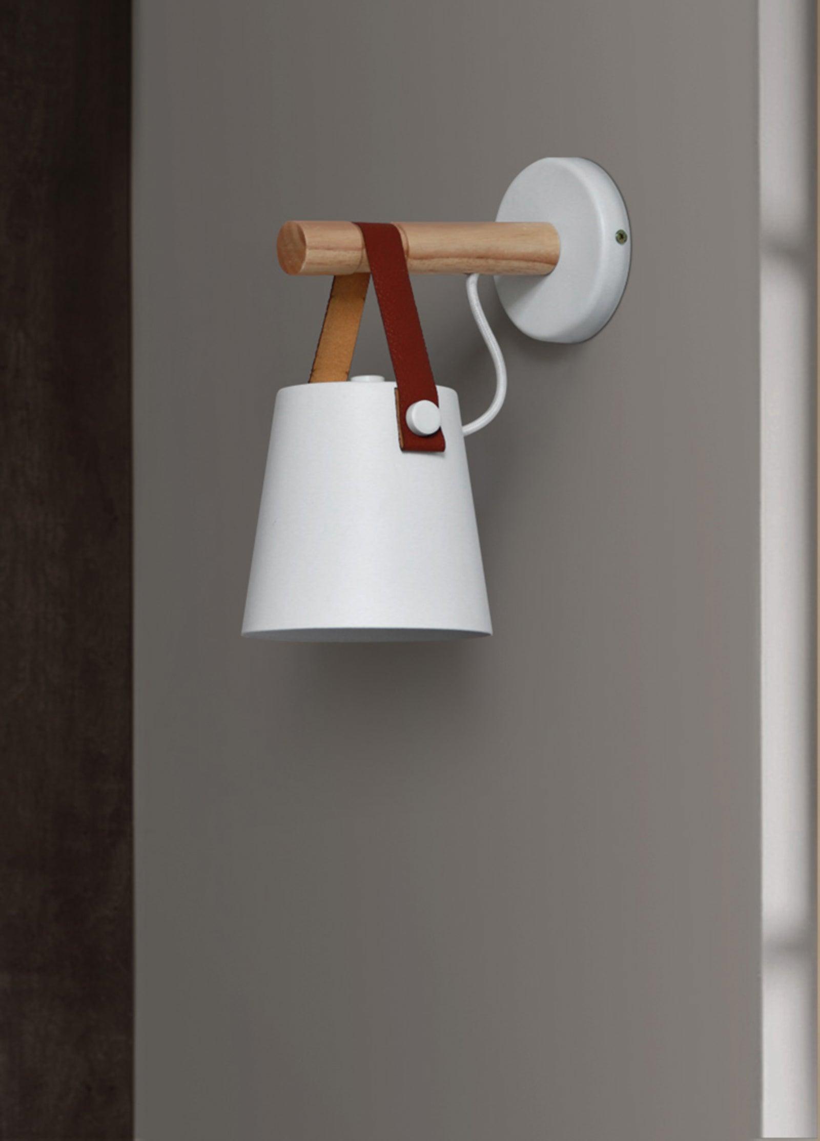 Scandinavian Wooden Wall Lamp Conical Design | Leather Strap Detail | E26/E27 LED Compatible | Modern Indoor Lighting