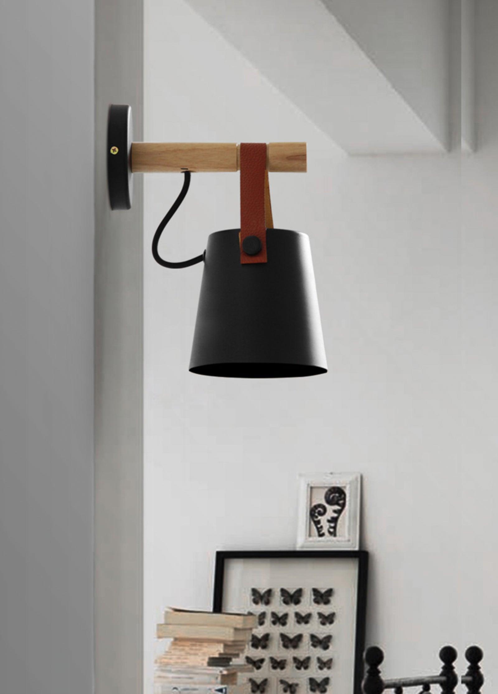 Scandinavian Wooden Wall Lamp Conical Design | Leather Strap Detail | E26/E27 LED Compatible | Modern Indoor Lighting