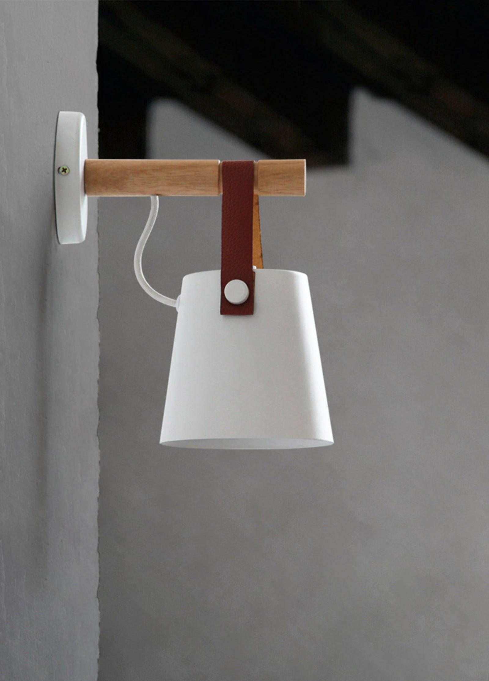 Scandinavian Wooden Wall Lamp Conical Design | Leather Strap Detail | E26/E27 LED Compatible | Modern Indoor Lighting