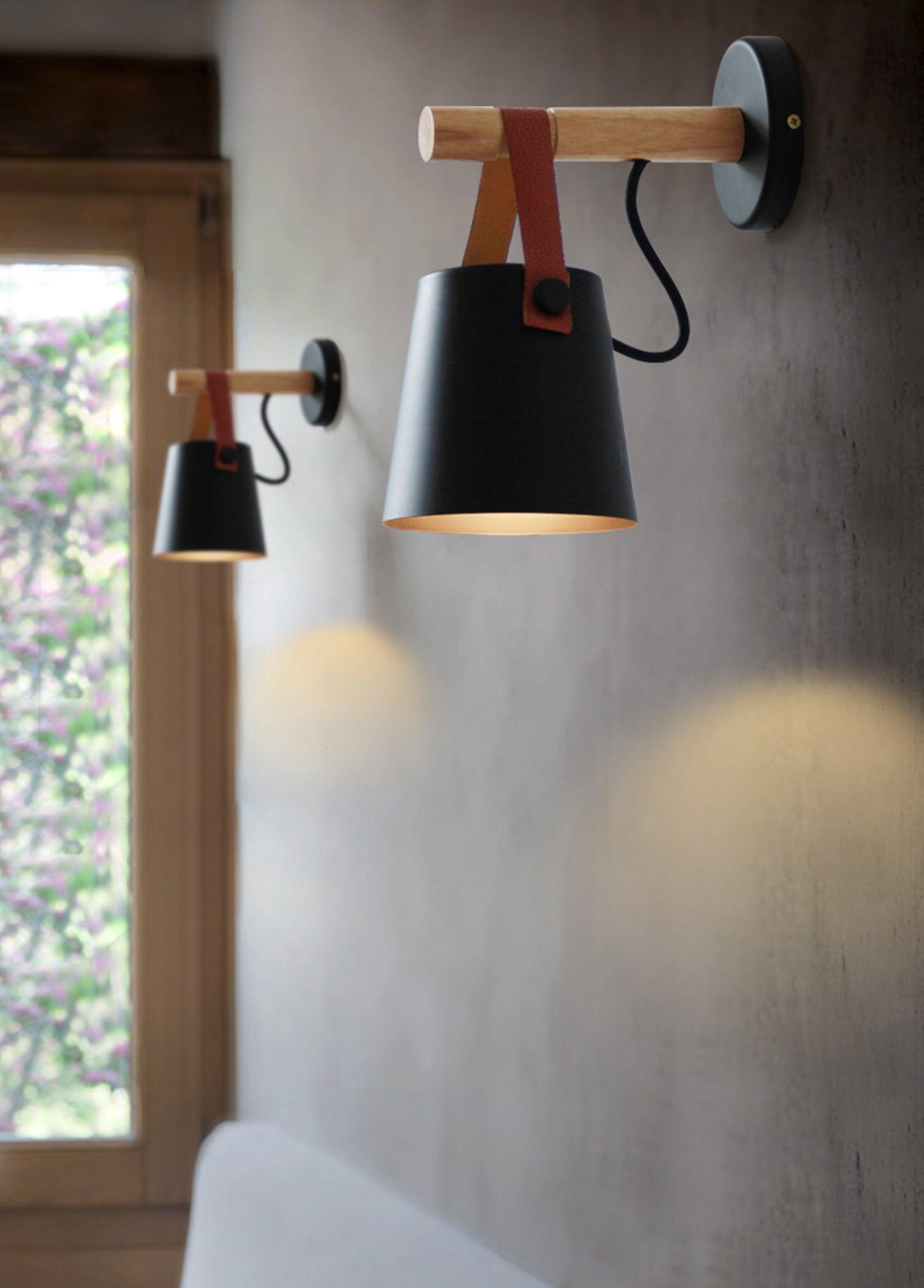 Scandinavian Wooden Wall Lamp Conical Design | Leather Strap Detail | E26/E27 LED Compatible | Modern Indoor Lighting