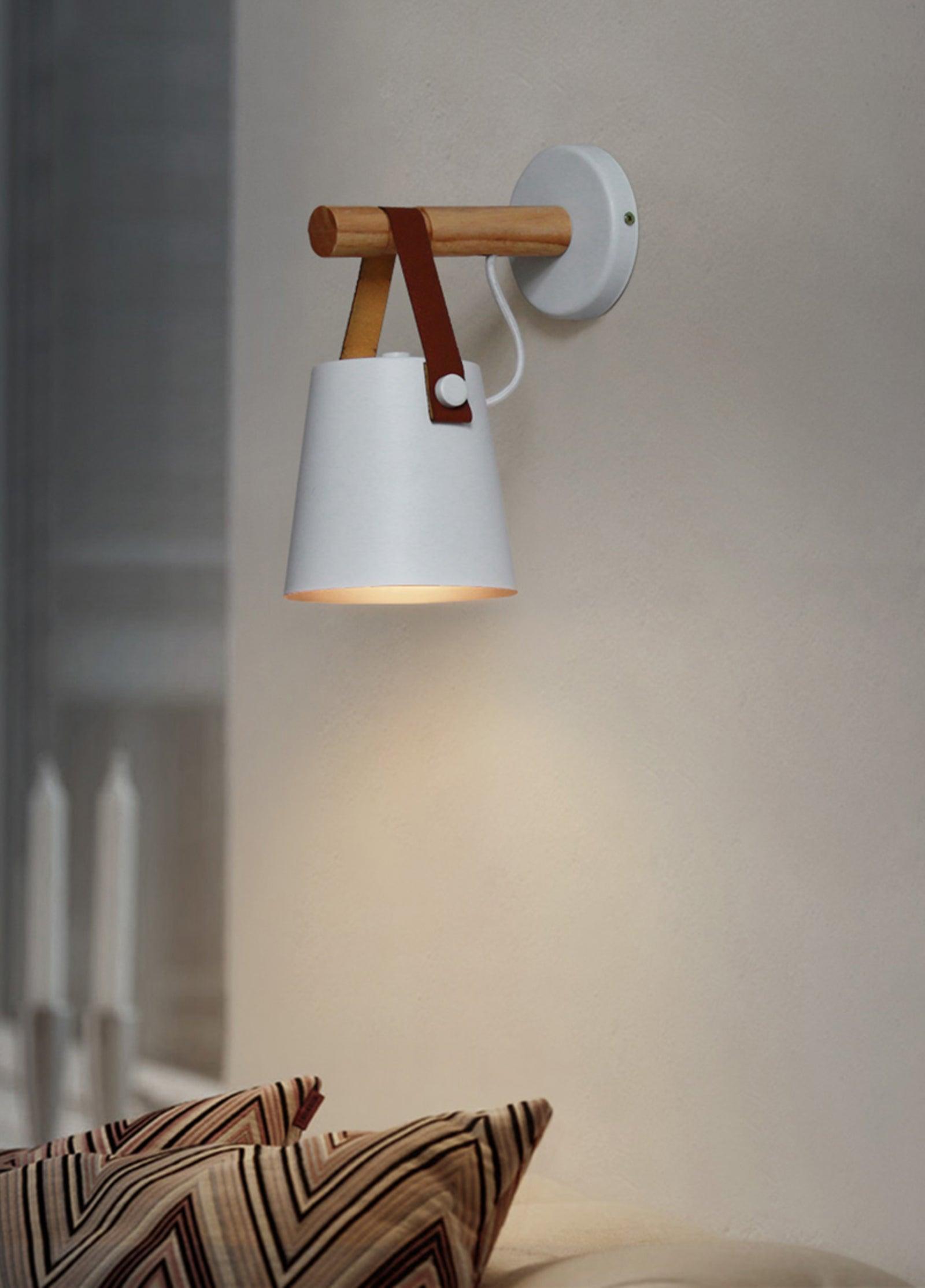 Scandinavian Wooden Wall Lamp Conical Design | Leather Strap Detail | E26/E27 LED Compatible | Modern Indoor Lighting