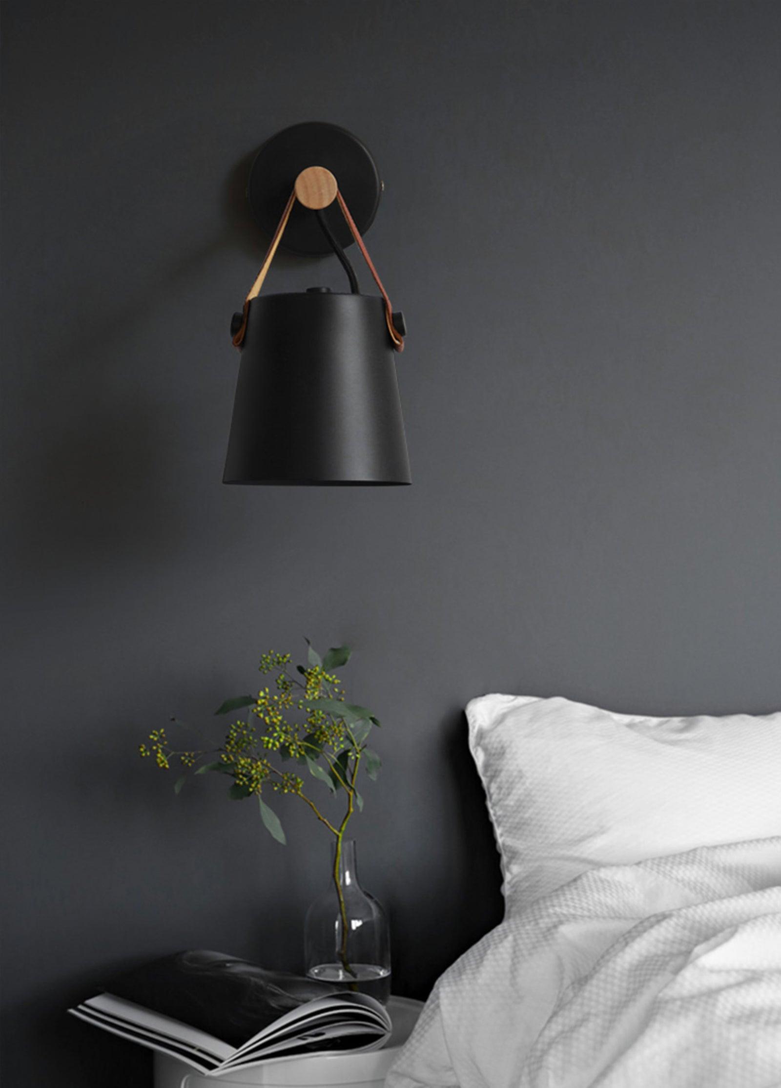 Scandinavian Wooden Wall Lamp Conical Design | Leather Strap Detail | E26/E27 LED Compatible | Modern Indoor Lighting