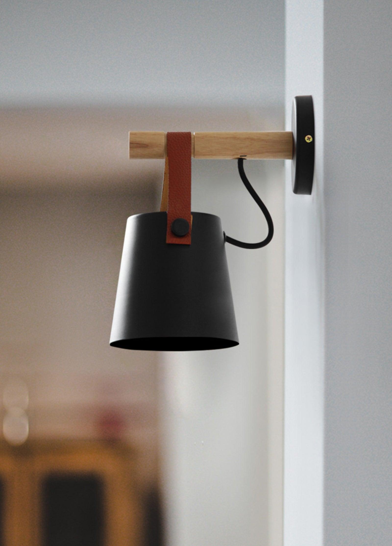 Scandinavian Wooden Wall Lamp Conical Design | Leather Strap Detail | E26/E27 LED Compatible | Modern Indoor Lighting