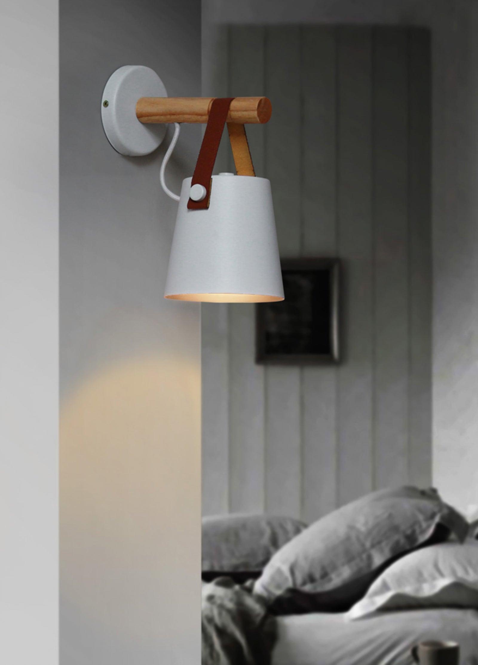 Scandinavian Wooden Wall Lamp Conical Design | Leather Strap Detail | E26/E27 LED Compatible | Modern Indoor Lighting