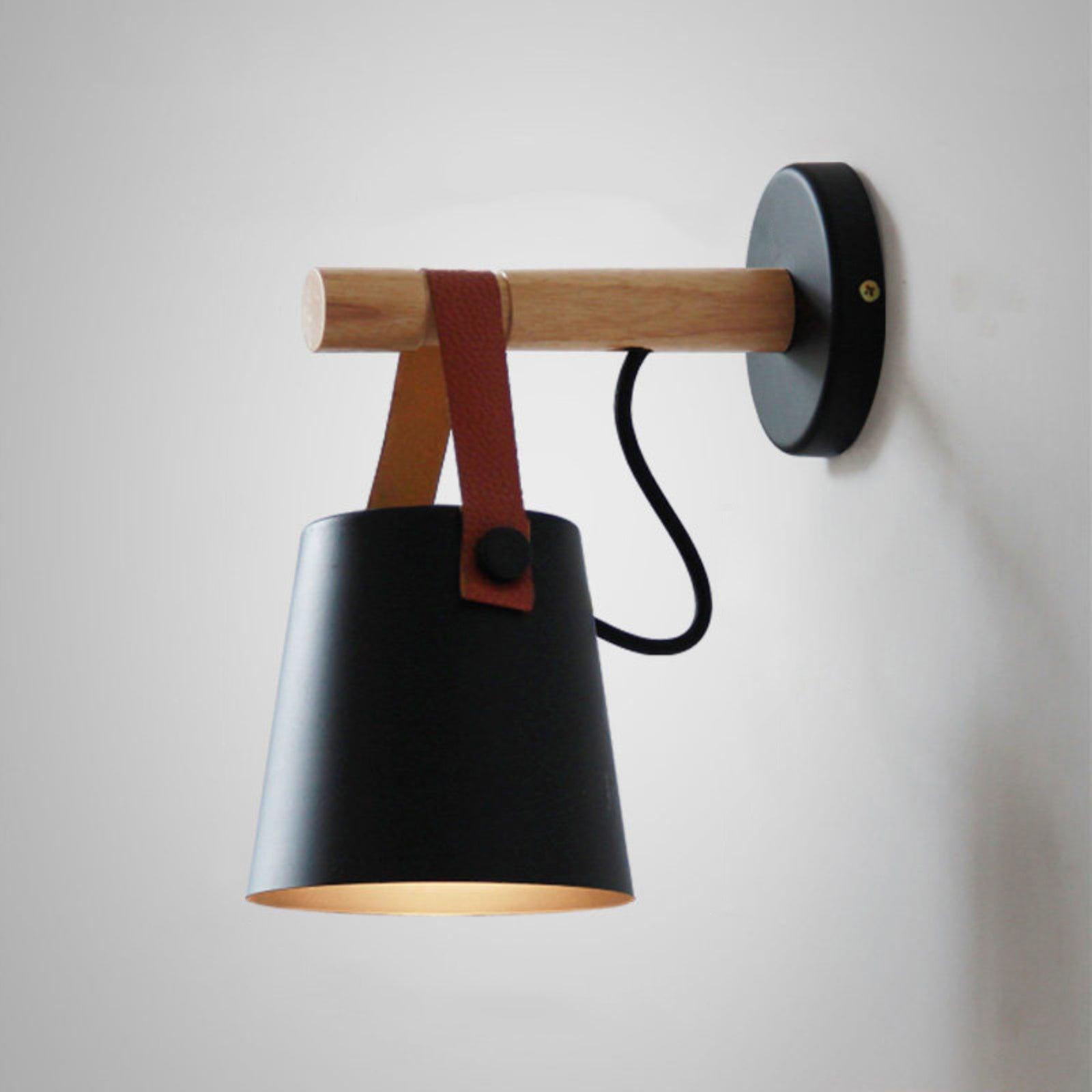 Scandinavian Wooden Wall Lamp Conical Design | Leather Strap Detail | E26/E27 LED Compatible | Modern Indoor Lighting