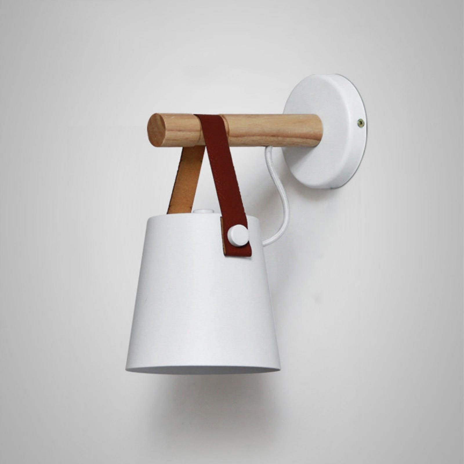 Scandinavian Wooden Wall Lamp Conical Design | Leather Strap Detail | E26/E27 LED Compatible | Modern Indoor Lighting