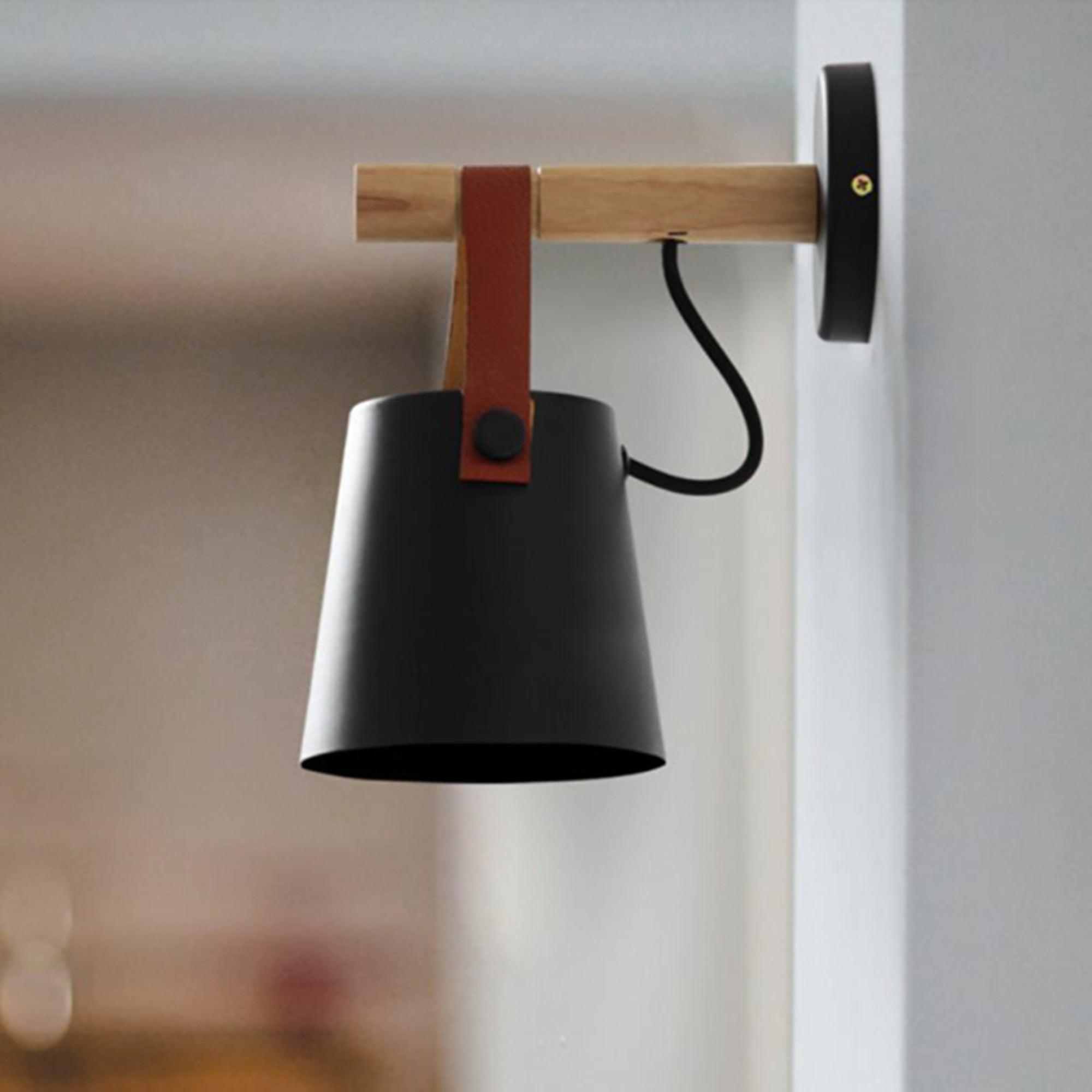 Scandinavian Wooden Wall Lamp Conical Design | Leather Strap Detail | E26/E27 LED Compatible | Modern Indoor Lighting