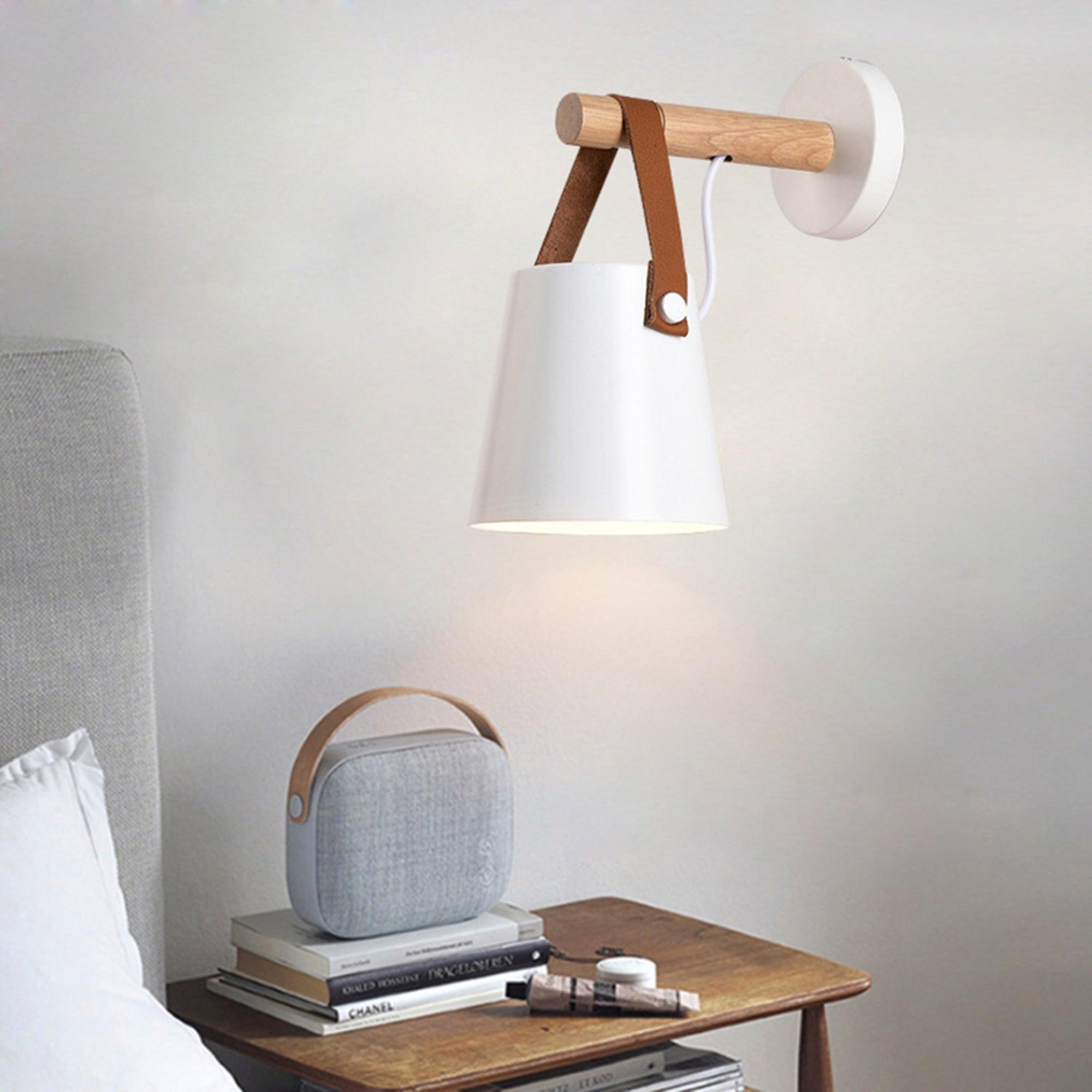 Scandinavian Wooden Wall Lamp Conical Design | Leather Strap Detail | E26/E27 LED Compatible | Modern Indoor Lighting