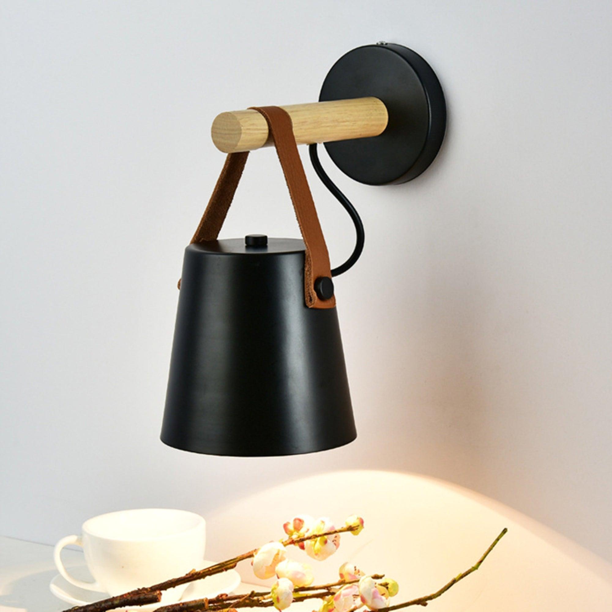 Scandinavian Wooden Wall Lamp Conical Design | Leather Strap Detail | E26/E27 LED Compatible | Modern Indoor Lighting