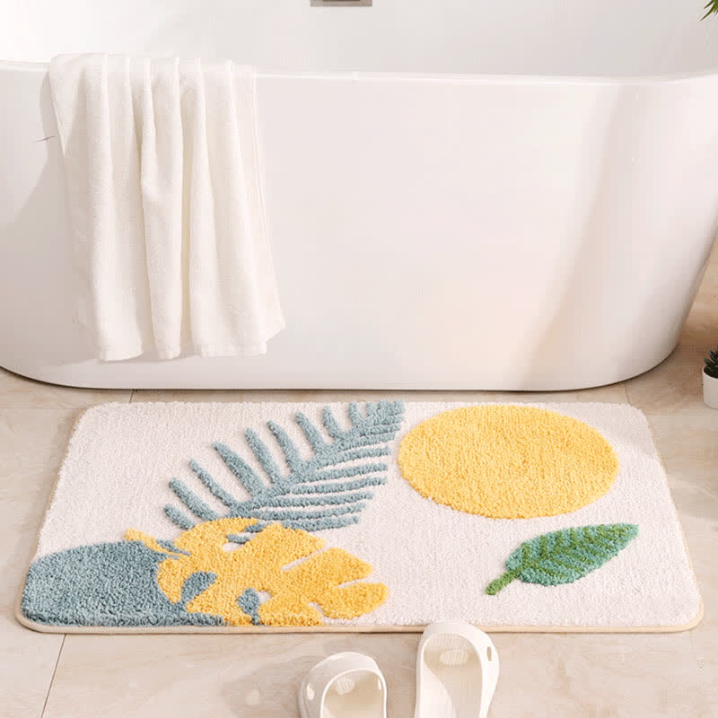 Rural Leaf & Geometric Non-Slip Bath Mat | Ultra Soft Microfiber Absorbent Bathroom Rug | Polyester Floor Mat 40x60 / 50x80cm