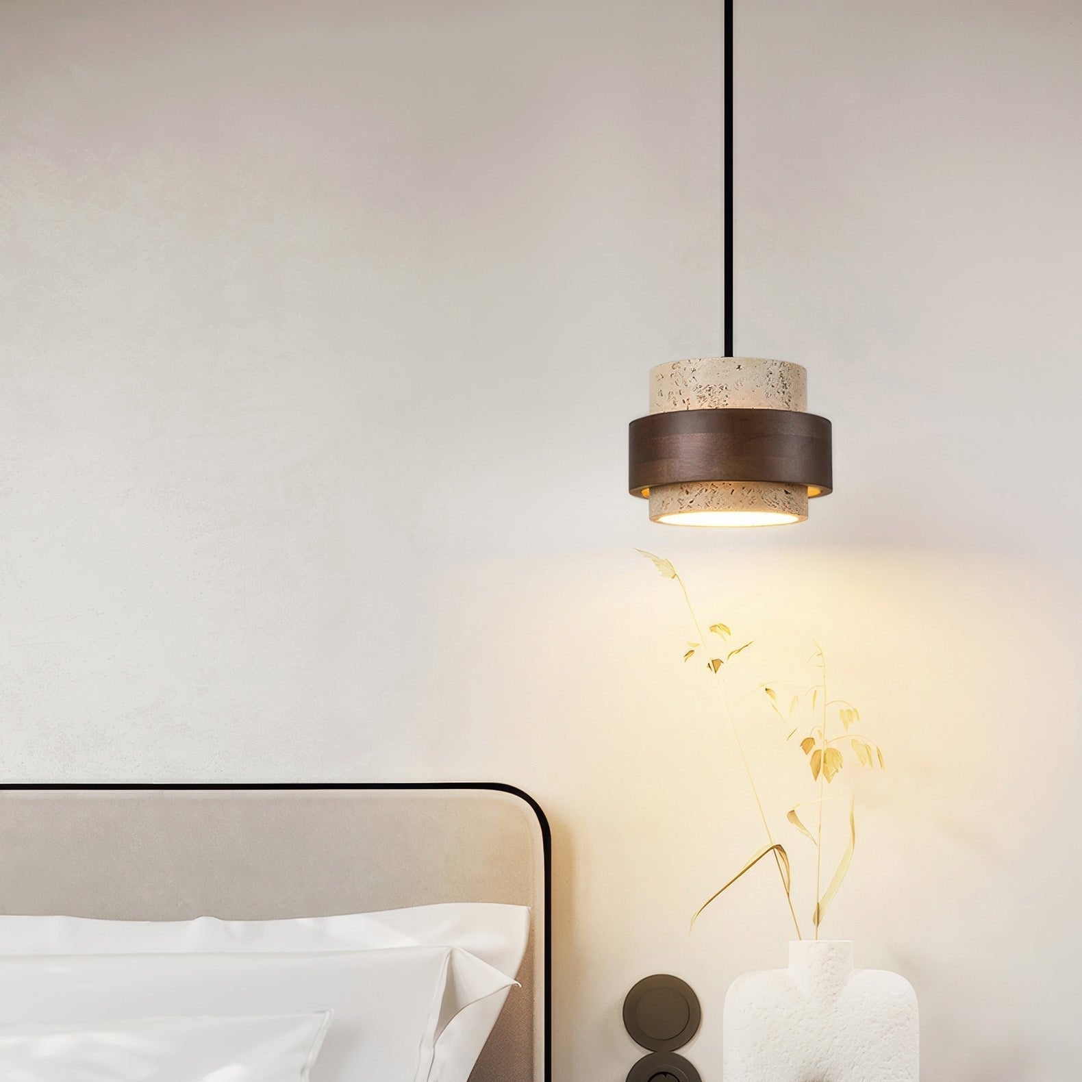 Wabi-Sabi Pendant Light Travertine Stone Wood | GX53 LED 6-10W | Minimalist Bedside Hanging Lamp | Adjustable Cable Ascend