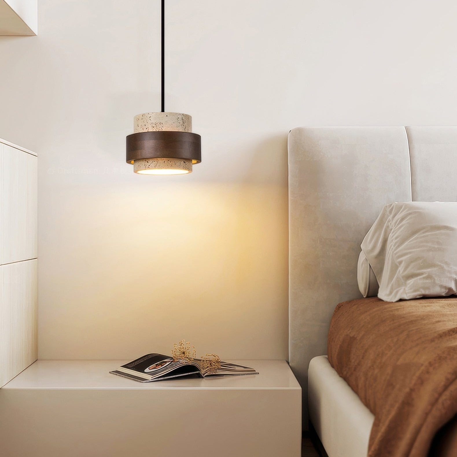 Wabi-Sabi Pendant Light Travertine Stone Wood | GX53 LED 6-10W | Minimalist Bedside Hanging Lamp | Adjustable Cable Ascend