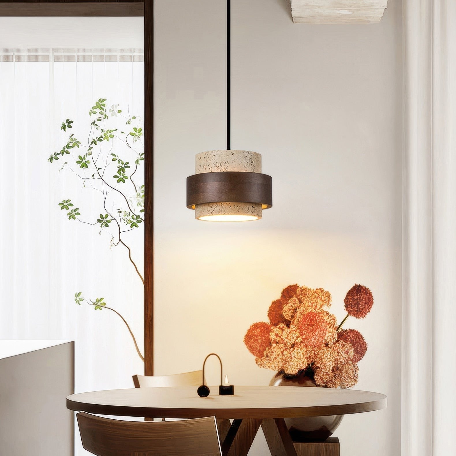 Wabi-Sabi Pendant Light Travertine Stone Wood | GX53 LED 6-10W | Minimalist Bedside Hanging Lamp | Adjustable Cable Ascend