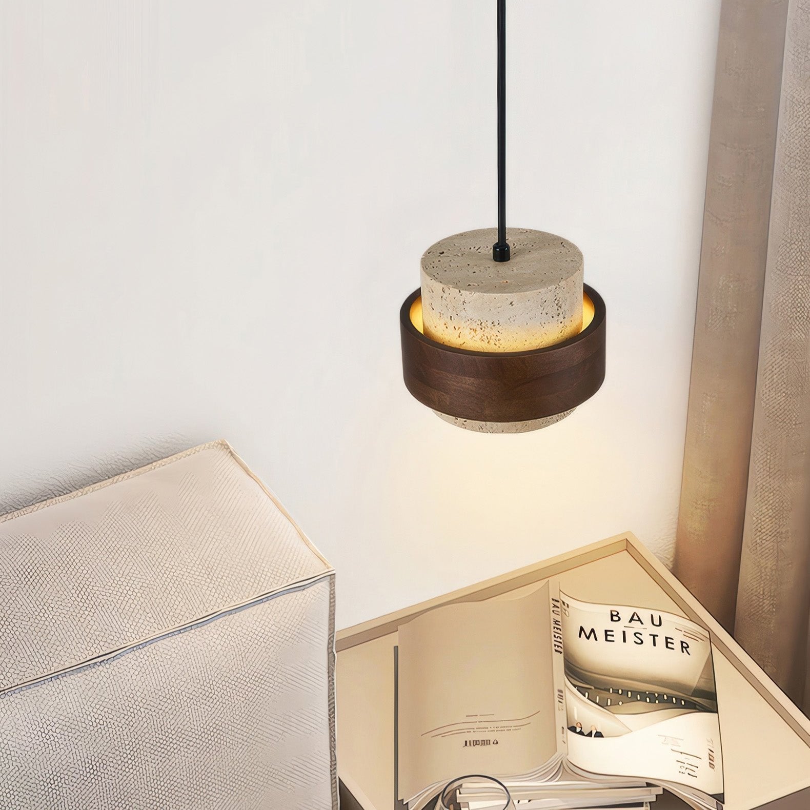 Wabi-Sabi Pendant Light Travertine Stone Wood | GX53 LED 6-10W | Minimalist Bedside Hanging Lamp | Adjustable Cable Ascend