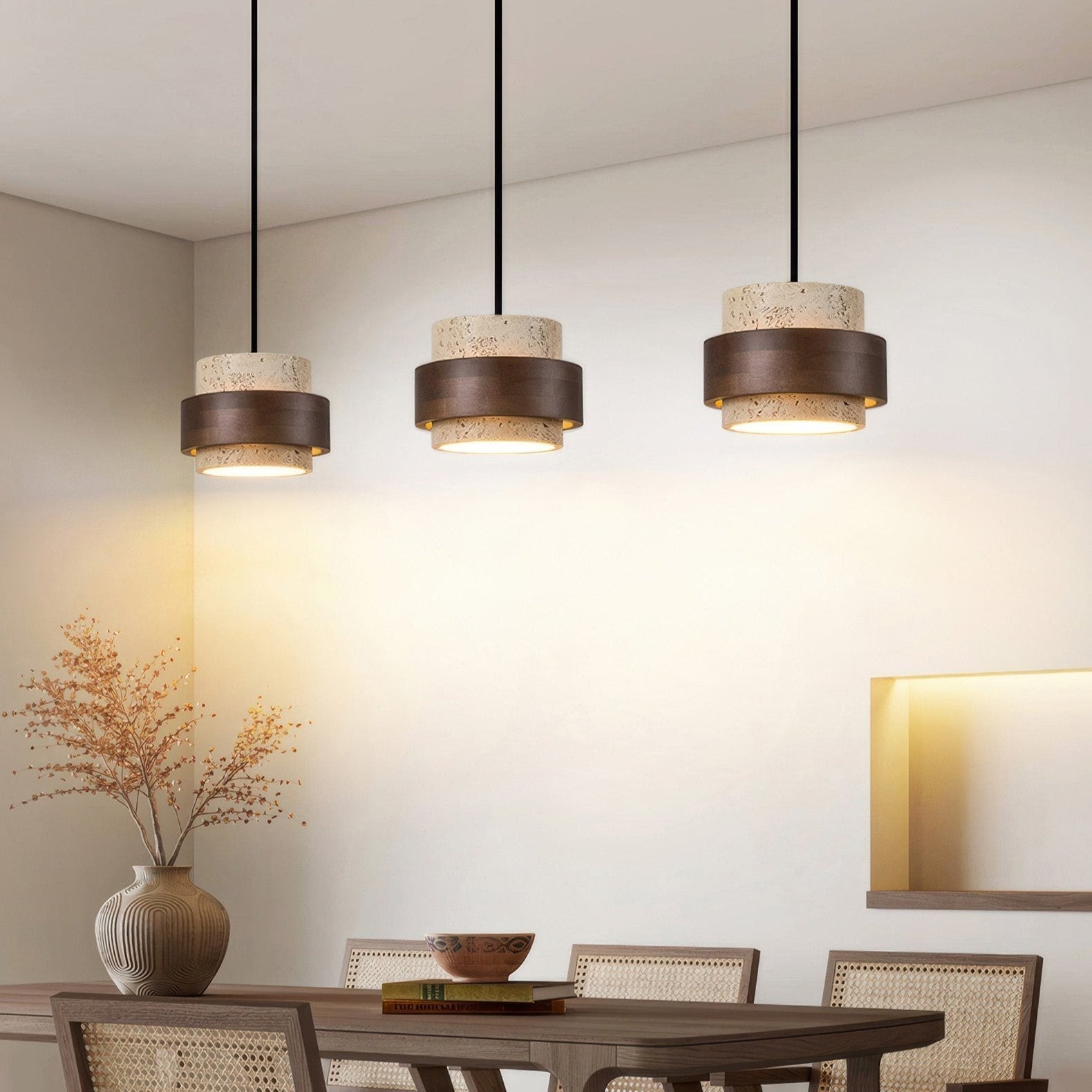 Wabi-Sabi Pendant Light Travertine Stone Wood | GX53 LED 6-10W | Minimalist Bedside Hanging Lamp | Adjustable Cable Ascend