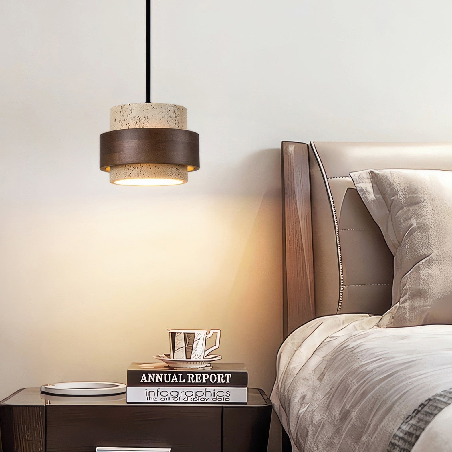Wabi-Sabi Pendant Light Travertine Stone Wood | GX53 LED 6-10W | Minimalist Bedside Hanging Lamp | Adjustable Cable Ascend