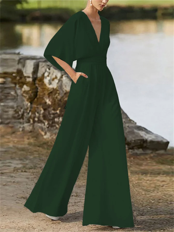 Women | V-Neck Jumpsuit | Wide-Leg | Batwing Sleeve | Elegant Casual