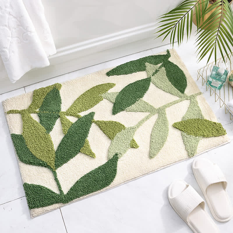 Green Leaf Print Non-Slip Bath Rug for Bathroom & Entryway | Soft Absorbent Floor Mat | Polyester Home Rug
