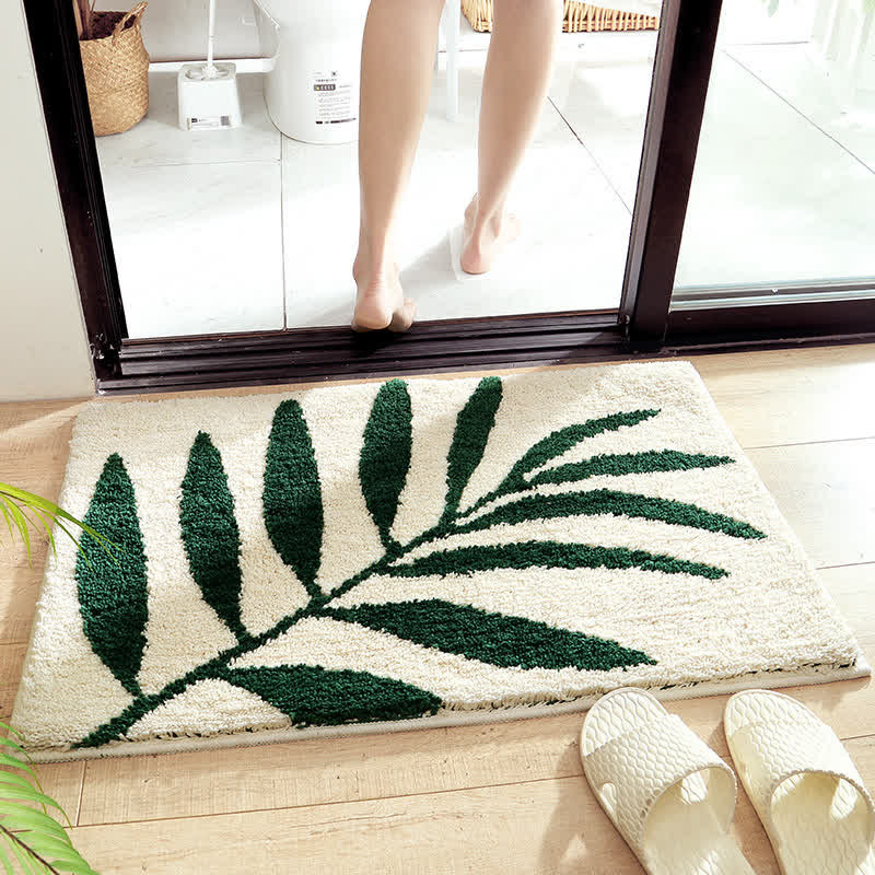 Green Leaf Print Non-Slip Bath Rug for Bathroom & Entryway | Soft Absorbent Floor Mat | Polyester Home Rug
