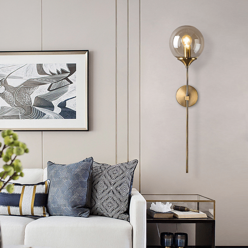 Boscall Wall Lamp | Smoky Glass Globe & Gold Metal Frame | E27 LED Light | Modern Classic Home Decor