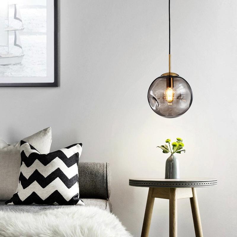 Brass & Glass Pendant Light | Modern Scandinavian Globe Ceiling Lamp | 25cm E27 Gold Glass Lighting | Hallway Bedroom Dining Room Decor